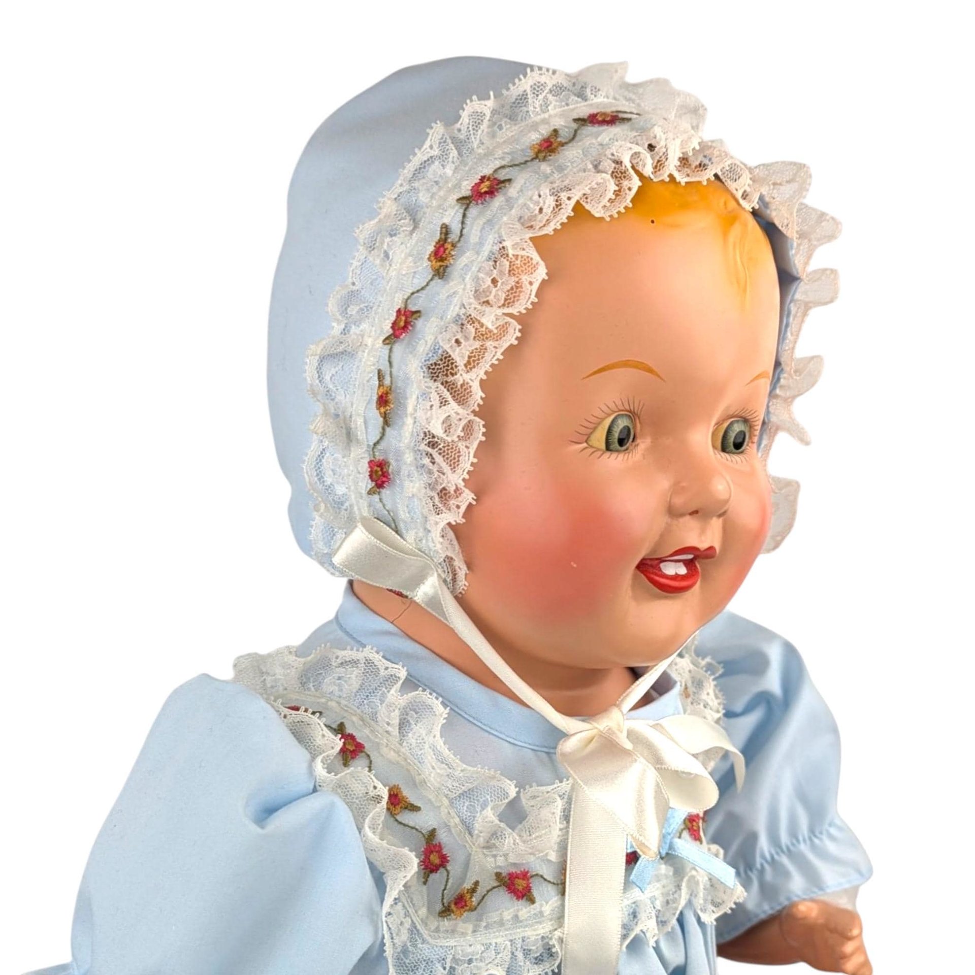 Vintage 23" Blonde Baby Doll: Blue Floral Dress & Bonnet