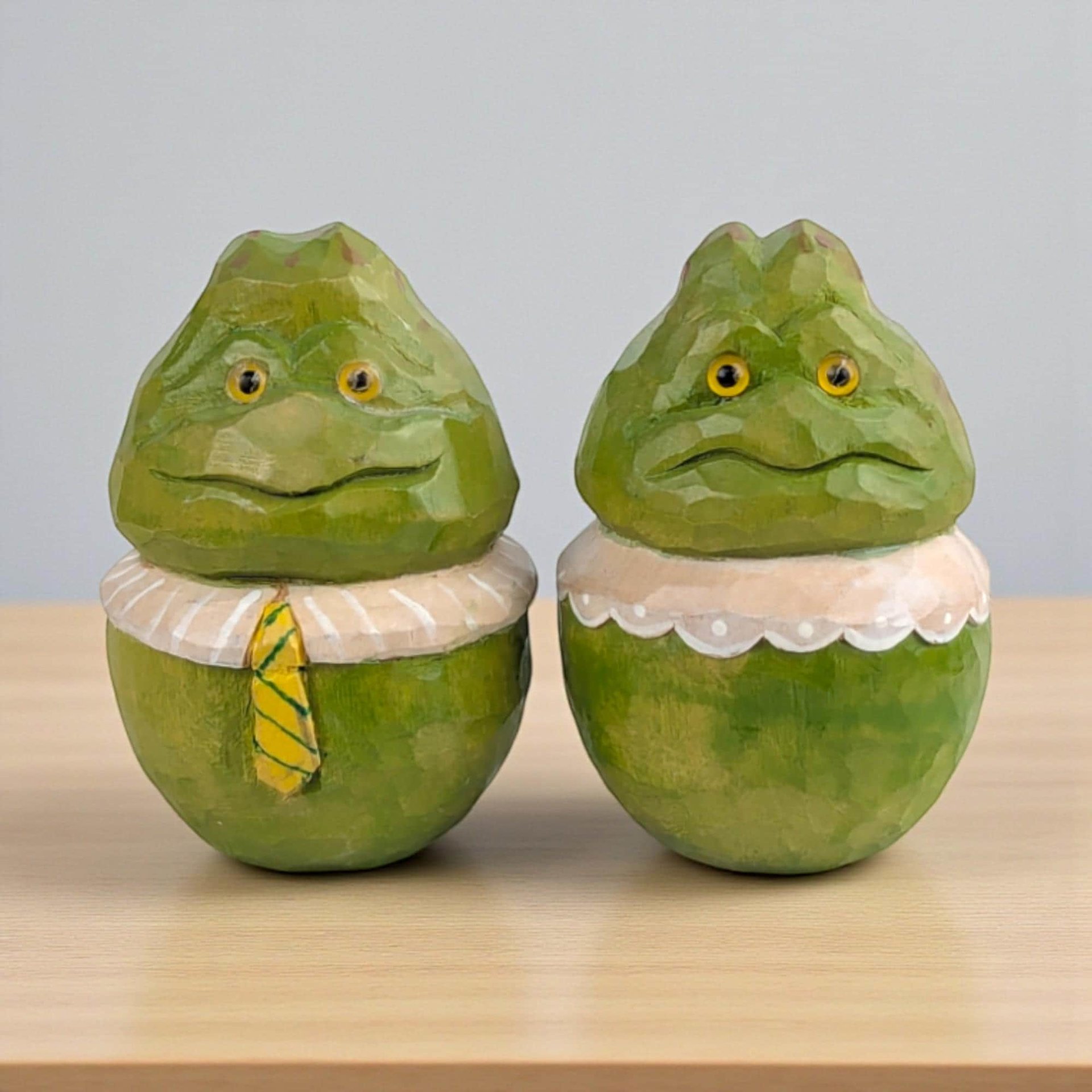 Vintage Hand Carved Mr. and Mrs. Frog Figurines
