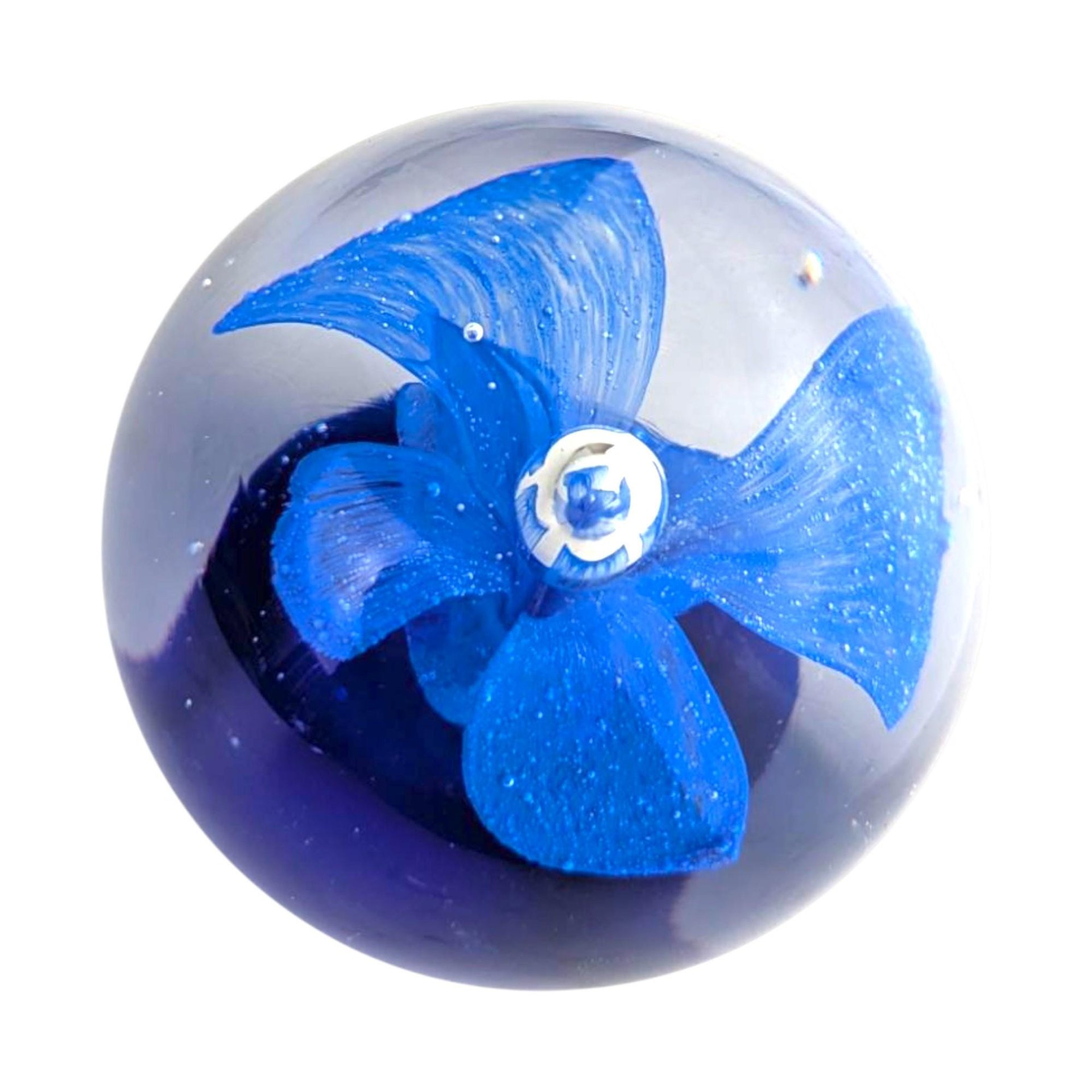 Vintage Art Glass Paperweight: Cobalt Blue Flower with Bubbles