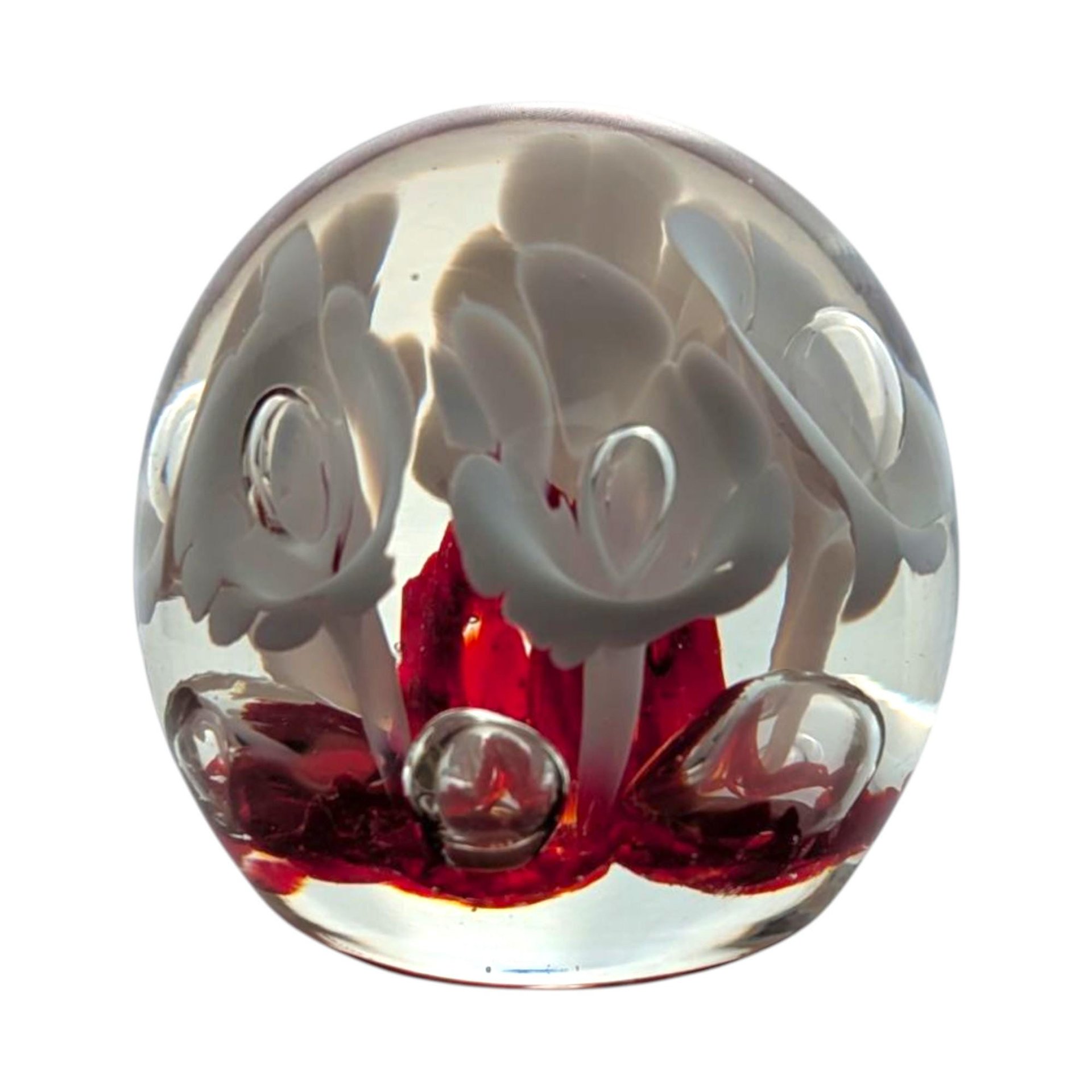 Vintage Art Glass Paperweight: Red with White Flowers