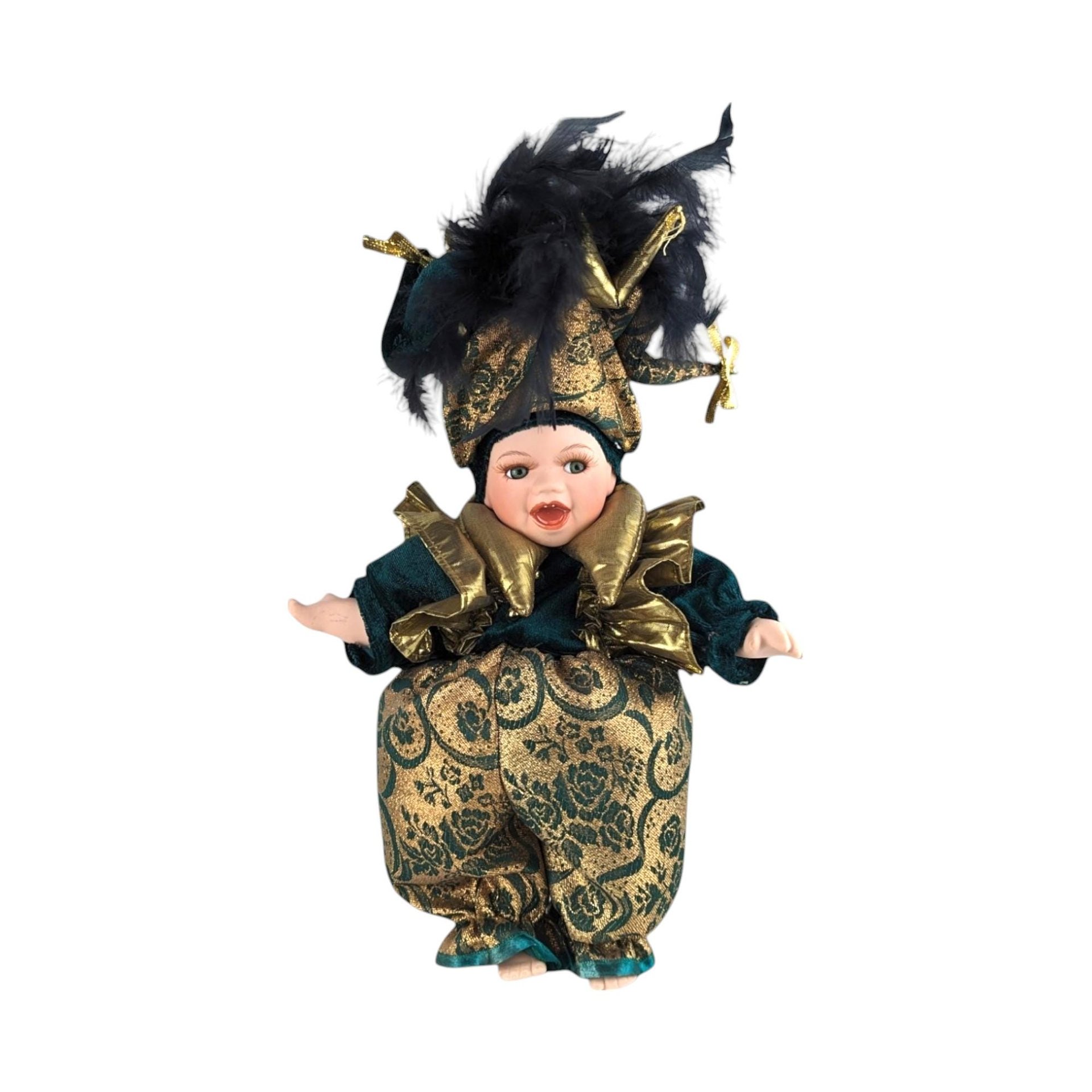 Vintage 12" Porcelain Green and Gold Mardi Gras Jester