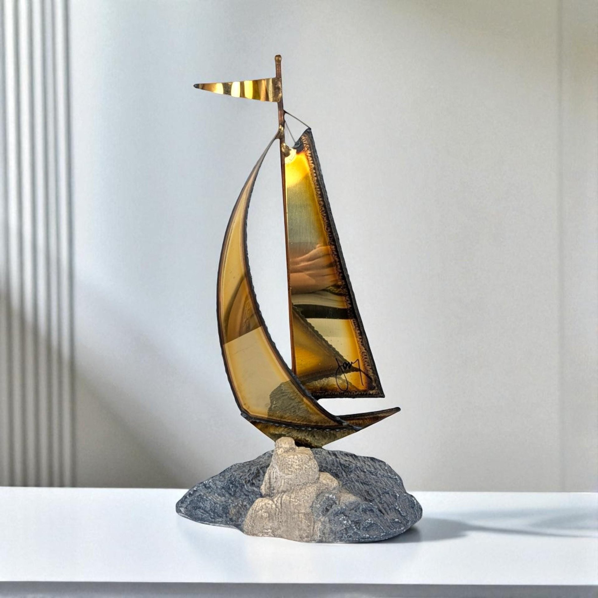 Vintage Signed Brass Sailboat Figurine
