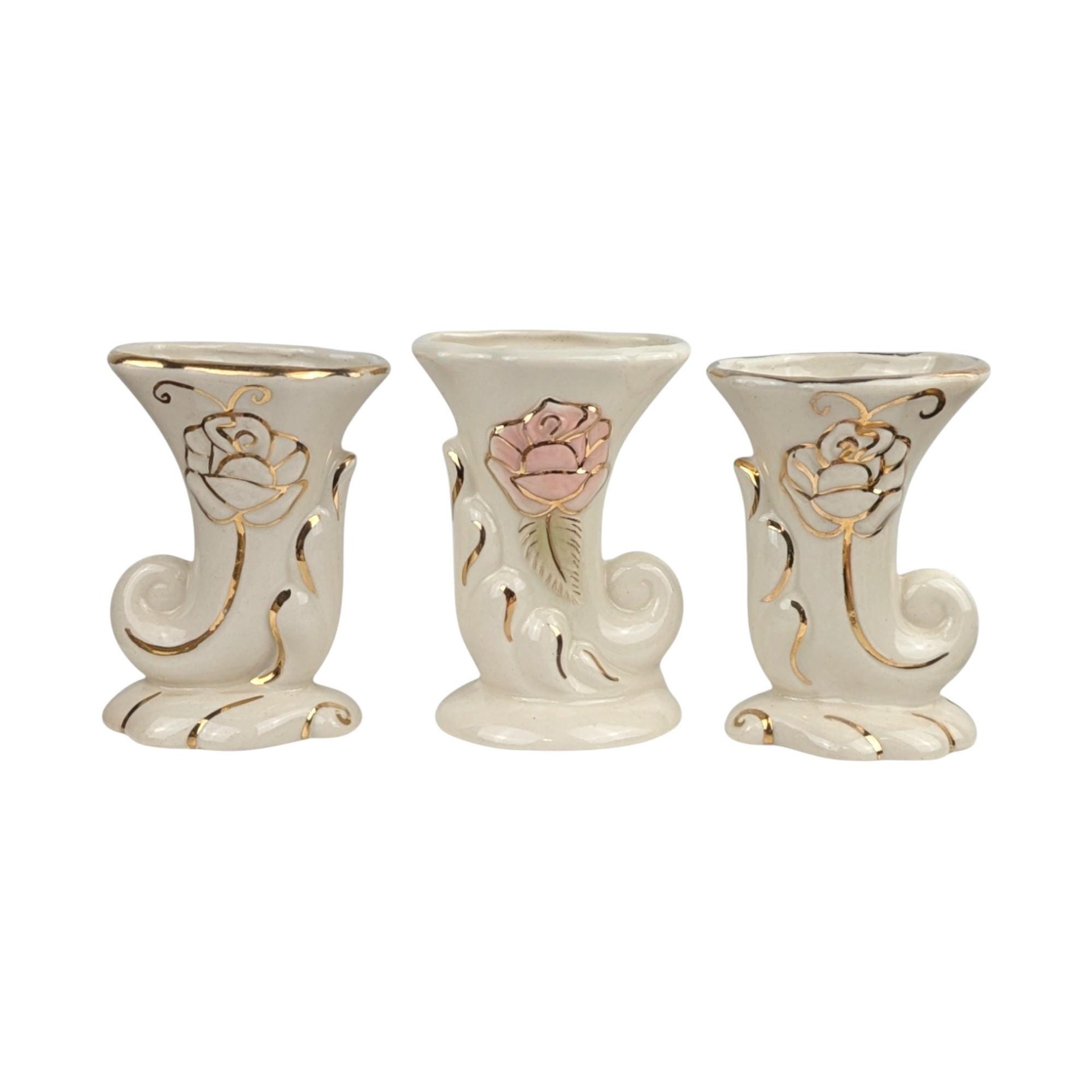 Vintage Cream Cornucopia Vase Set: Rose & Gold Bud Vases