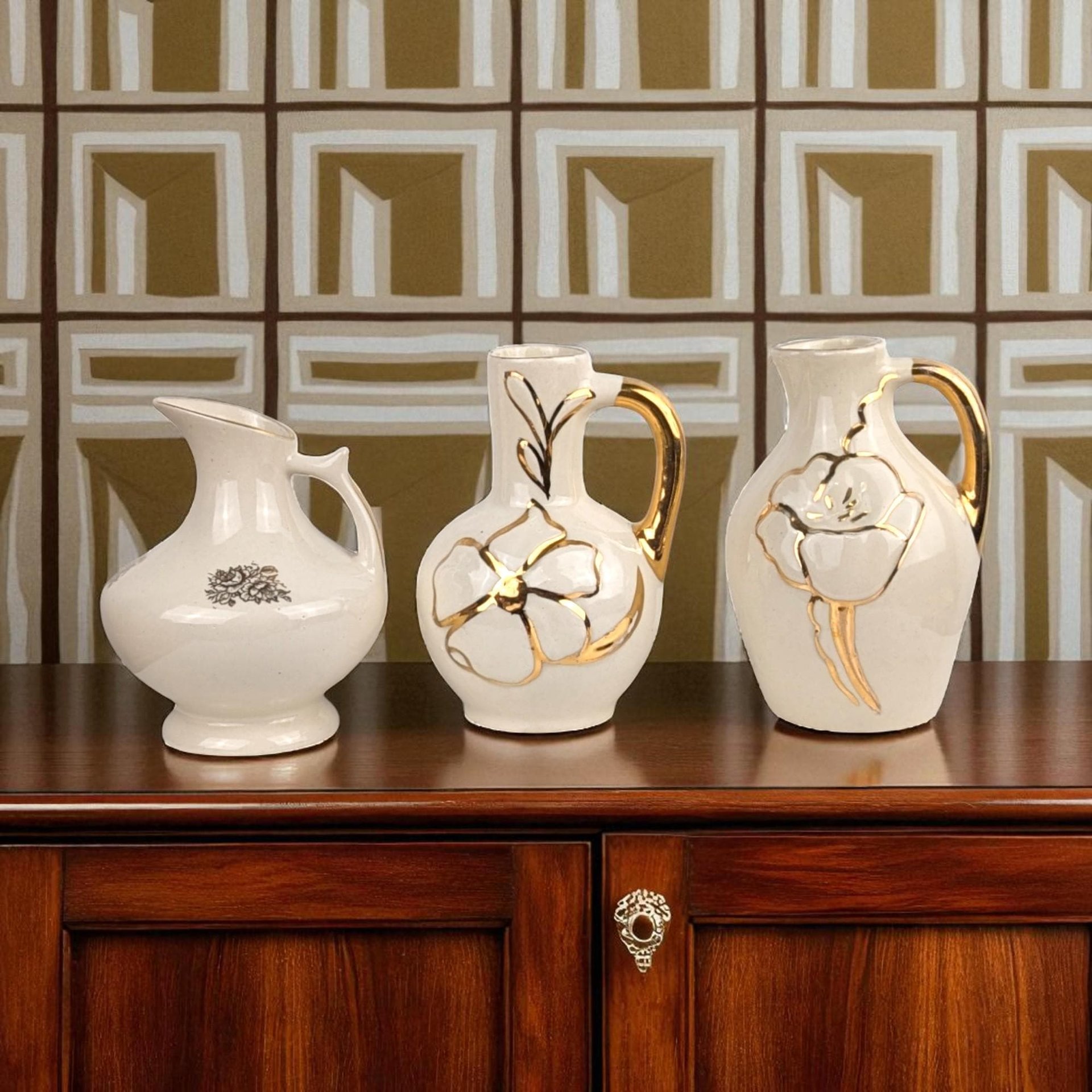 Vintage Cream & Gold Ceramic Bud Vase Trio