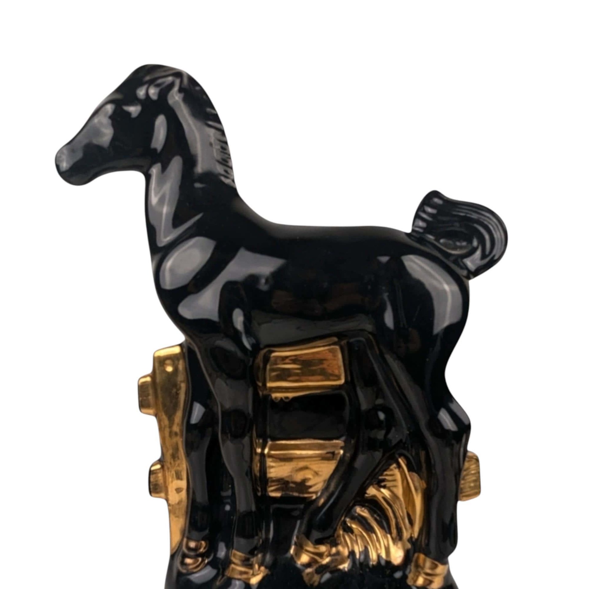 Vintage Black Ceramic Horse Lamp: Gold Accent