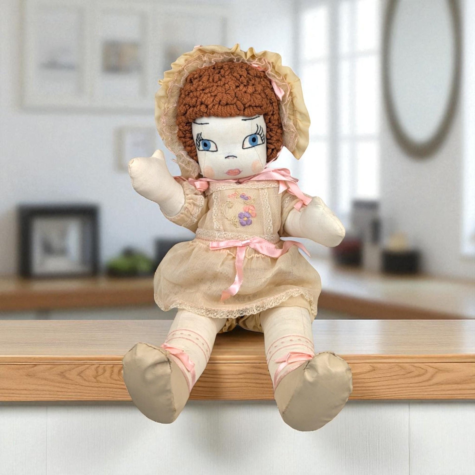 Vintage Handmade Cloth Doll in Bonnet and Dress