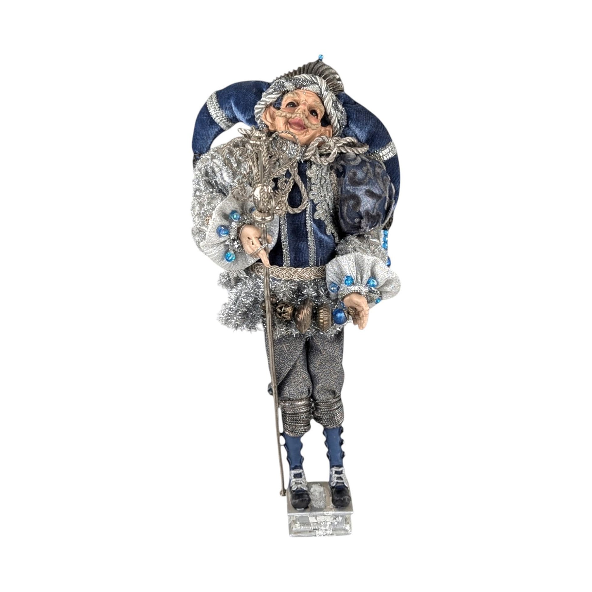 Vintage Christmas Santa Elf Jester Figure: Blue & Silver