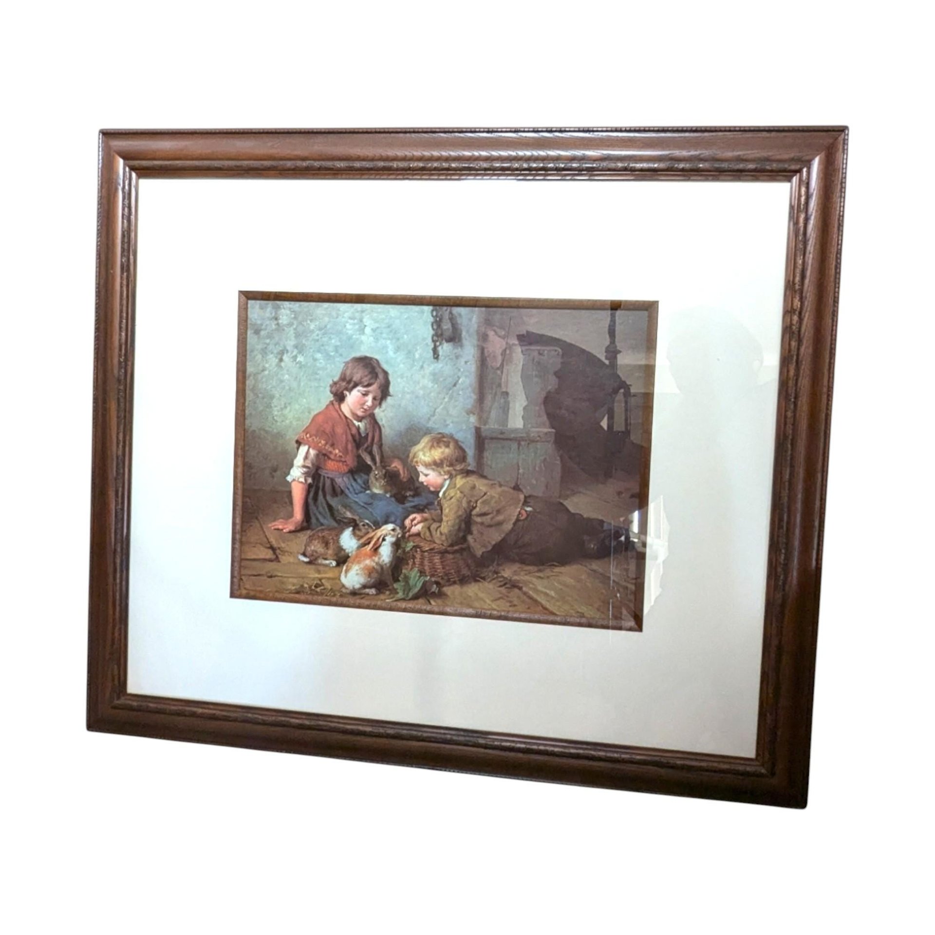 Vintage Felix Schlesinger "Feeding the Rabbits" Framed Art Print