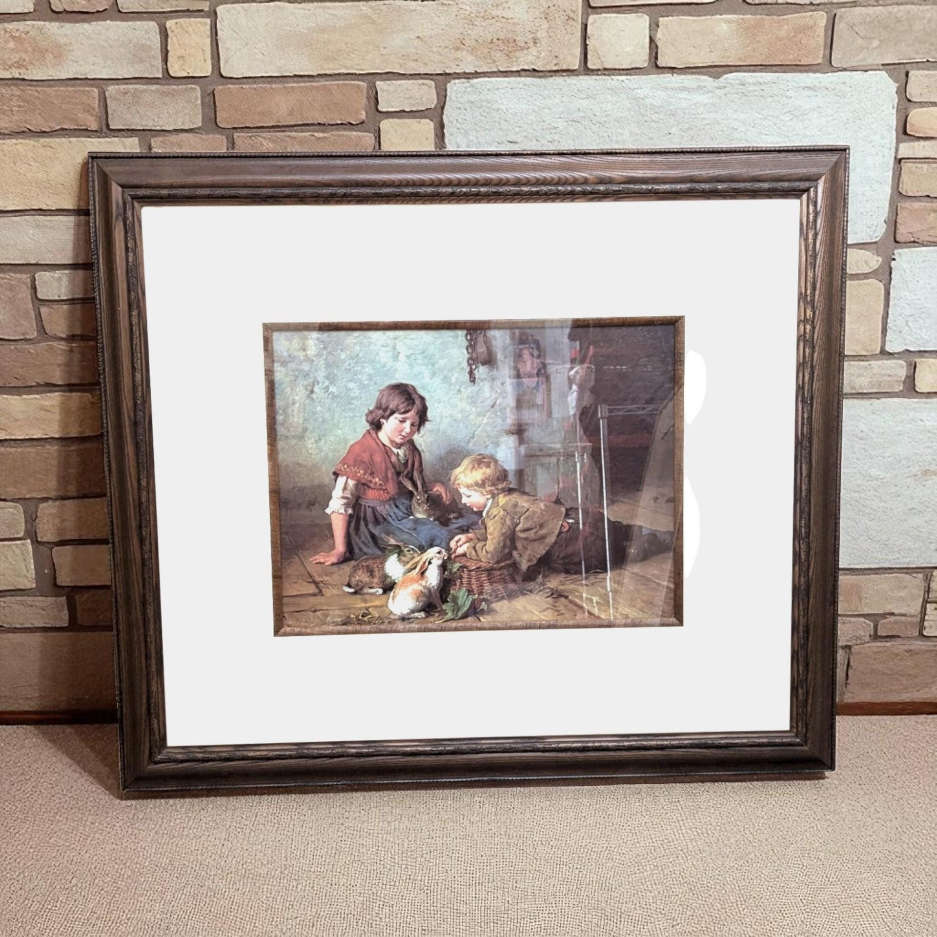Vintage Felix Schlesinger "Feeding the Rabbits" Framed Art Print