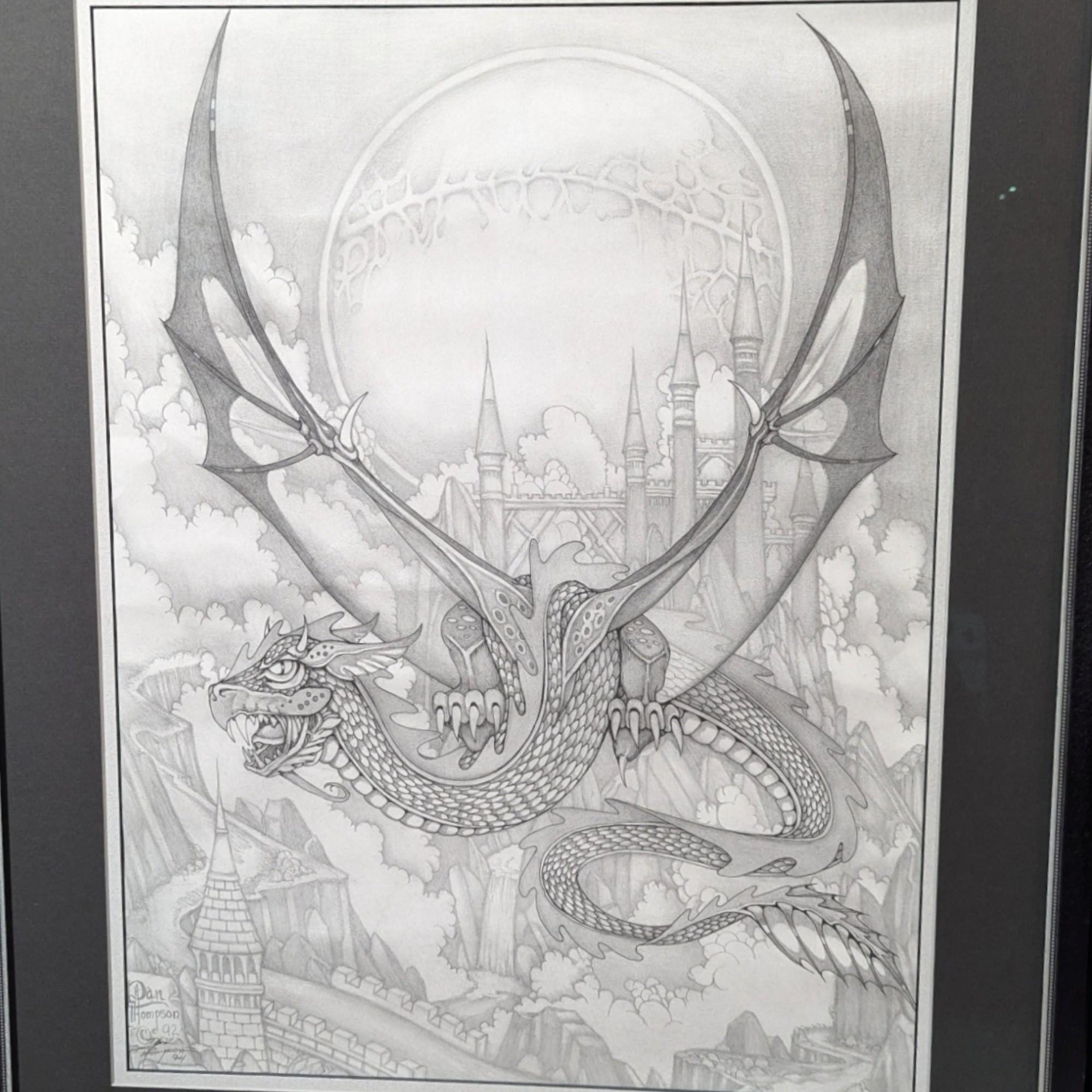 Vintage Dan Thompson Fantasy Dragon & Castle Signed Print