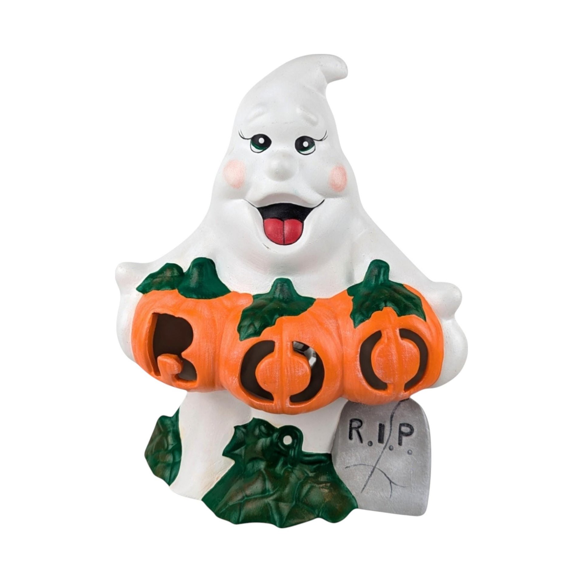 Vintage Ceramic Ghost Holding Boo Pumpkins Light