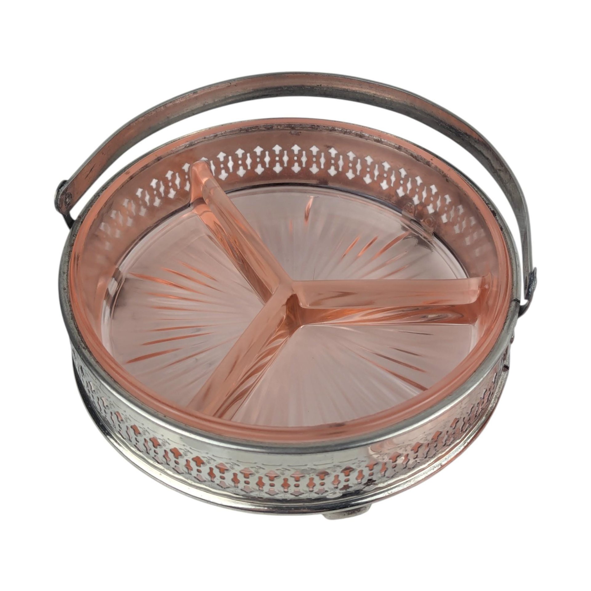 Vintage Pink Glass Covered 3-Part Bowl