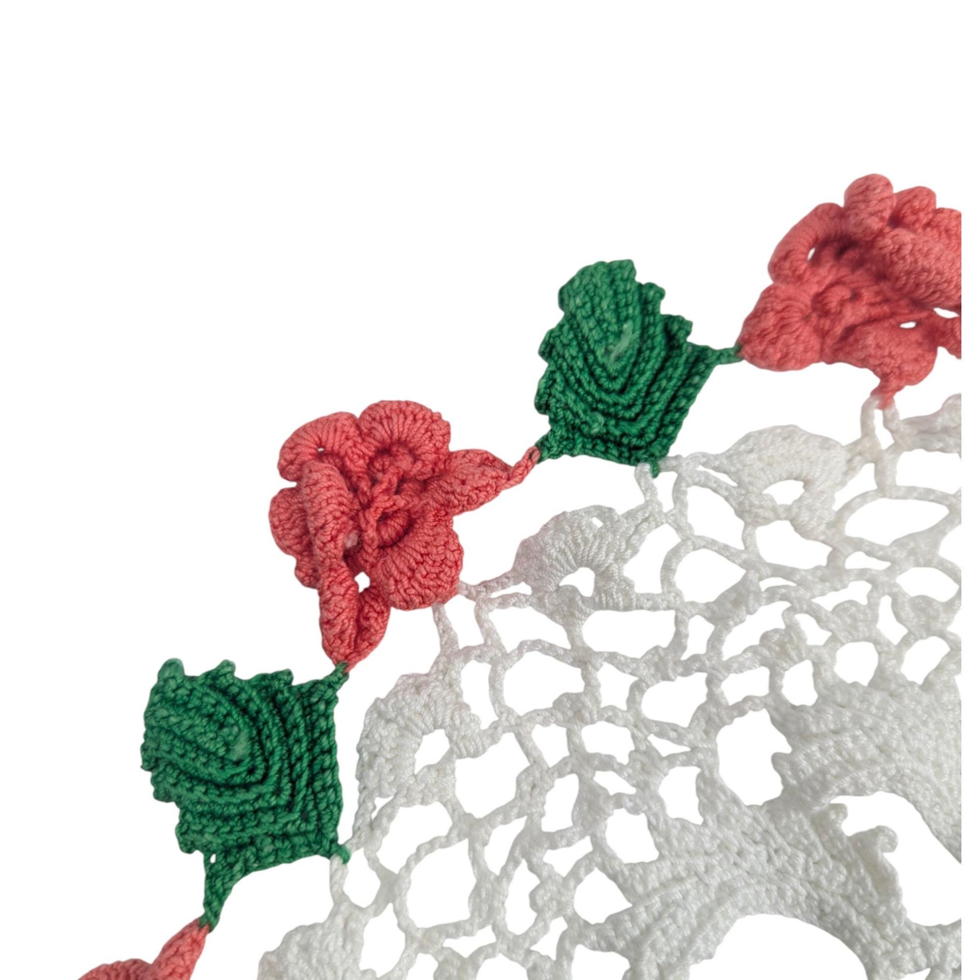 Vintage Handmade Burgundy and Rose White Crochet Doily Set