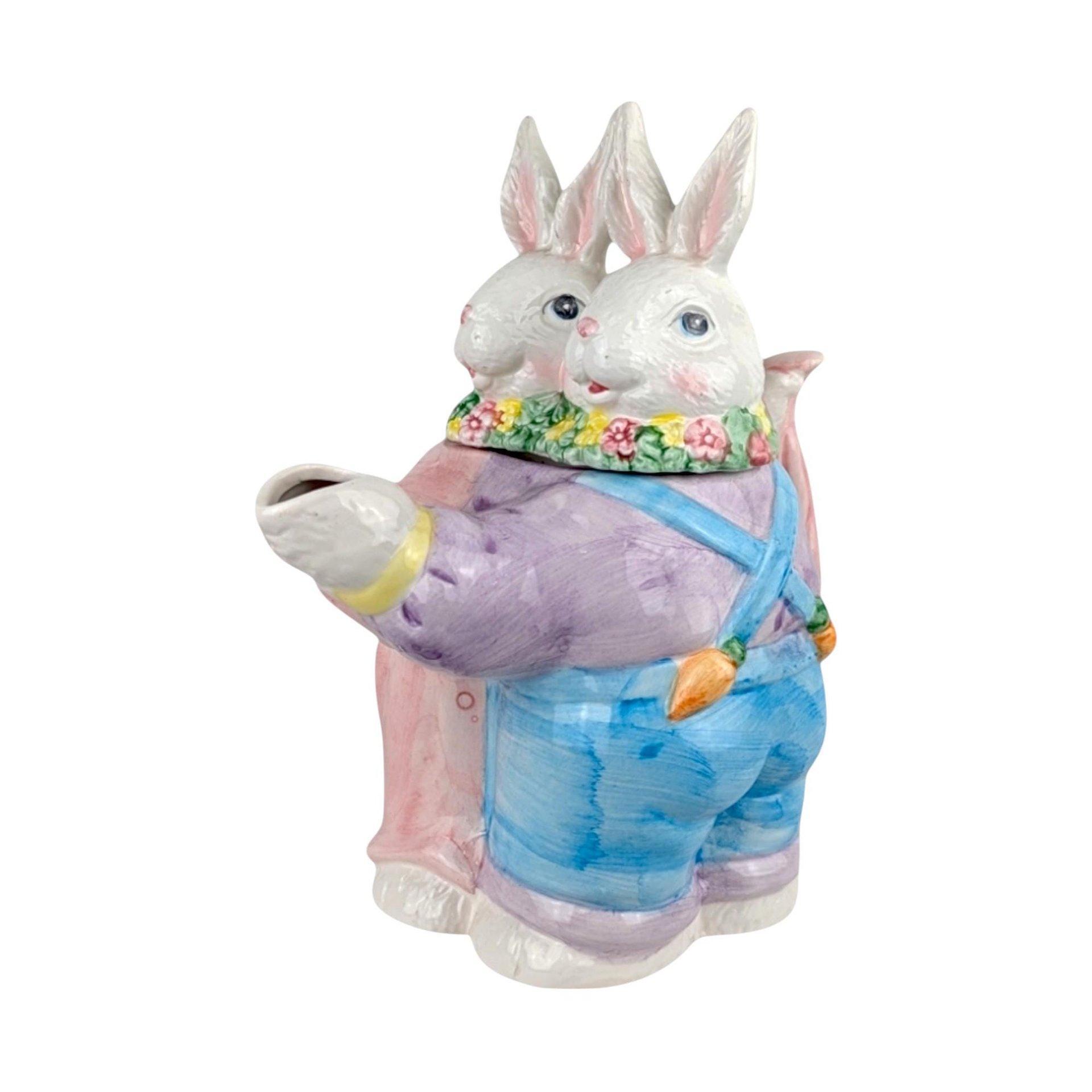 Vintage Whimsical Dancing Rabbits Ceramic Teapot