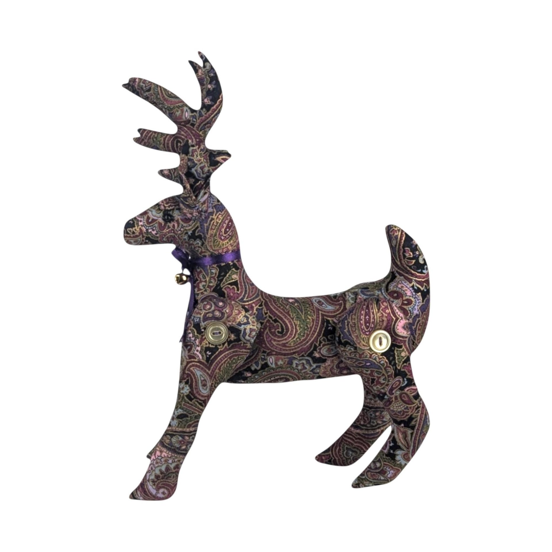 Vintage Paisley Plush Reindeer Figure – Boho Button Jointed Fabric Deer
