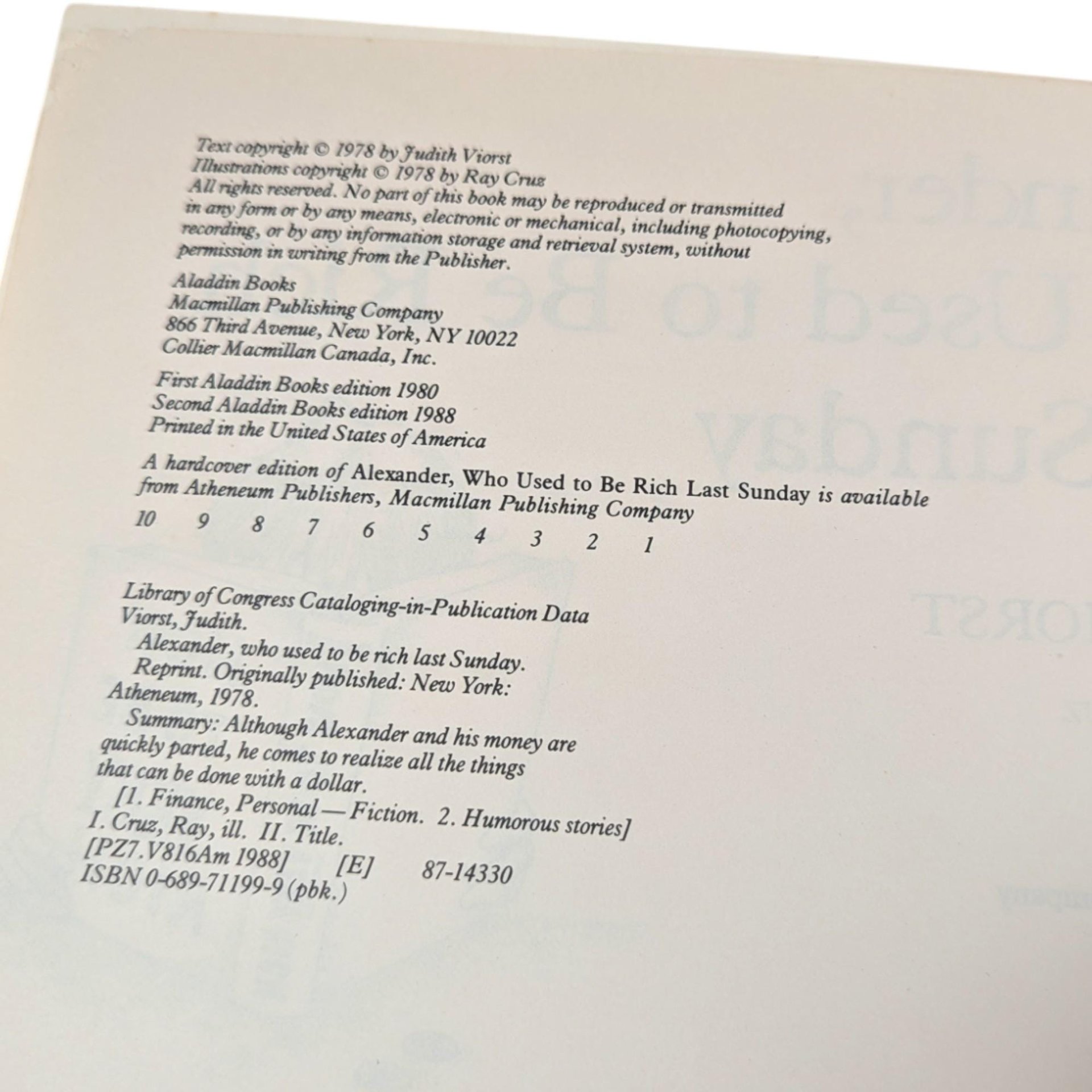 1978 Alexander Who Used to Be Rich Last Sunday: Judith Viorst Softcover