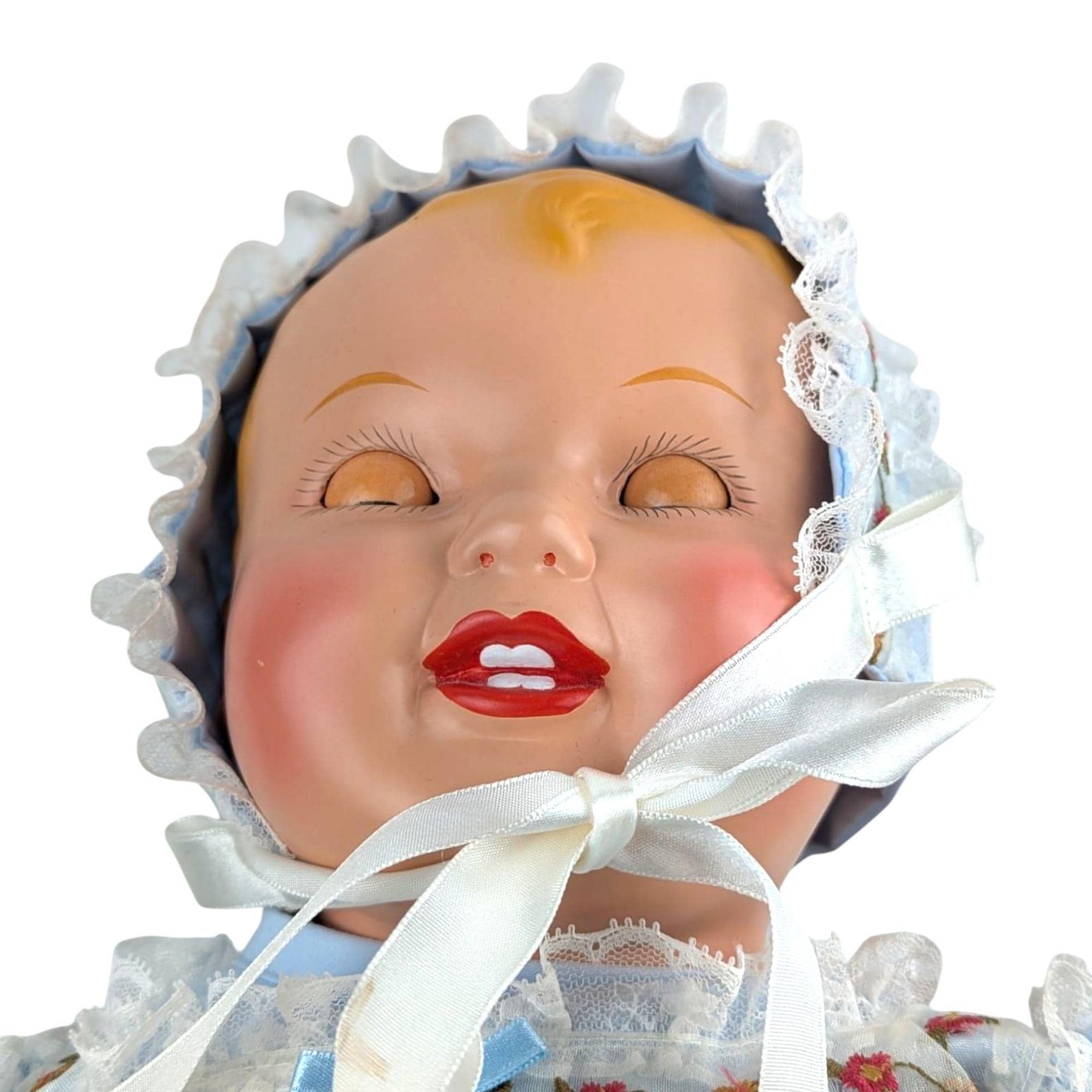 Vintage 23" Blonde Baby Doll: Blue Floral Dress & Bonnet