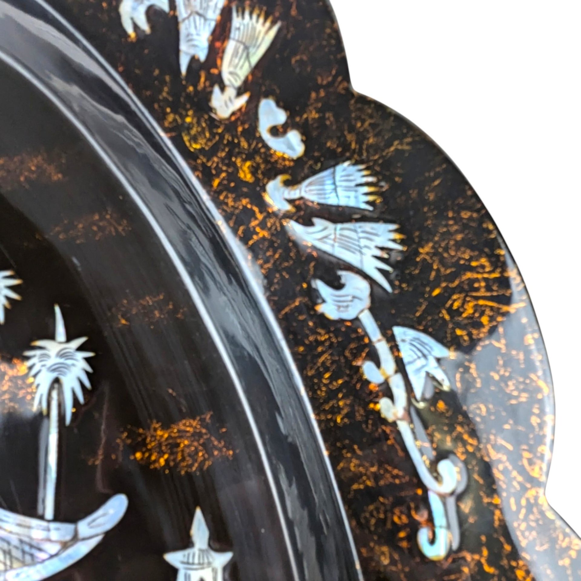 Vintage Asian Black Lacquer Mother of Pearl Inlaid Wall Plaque