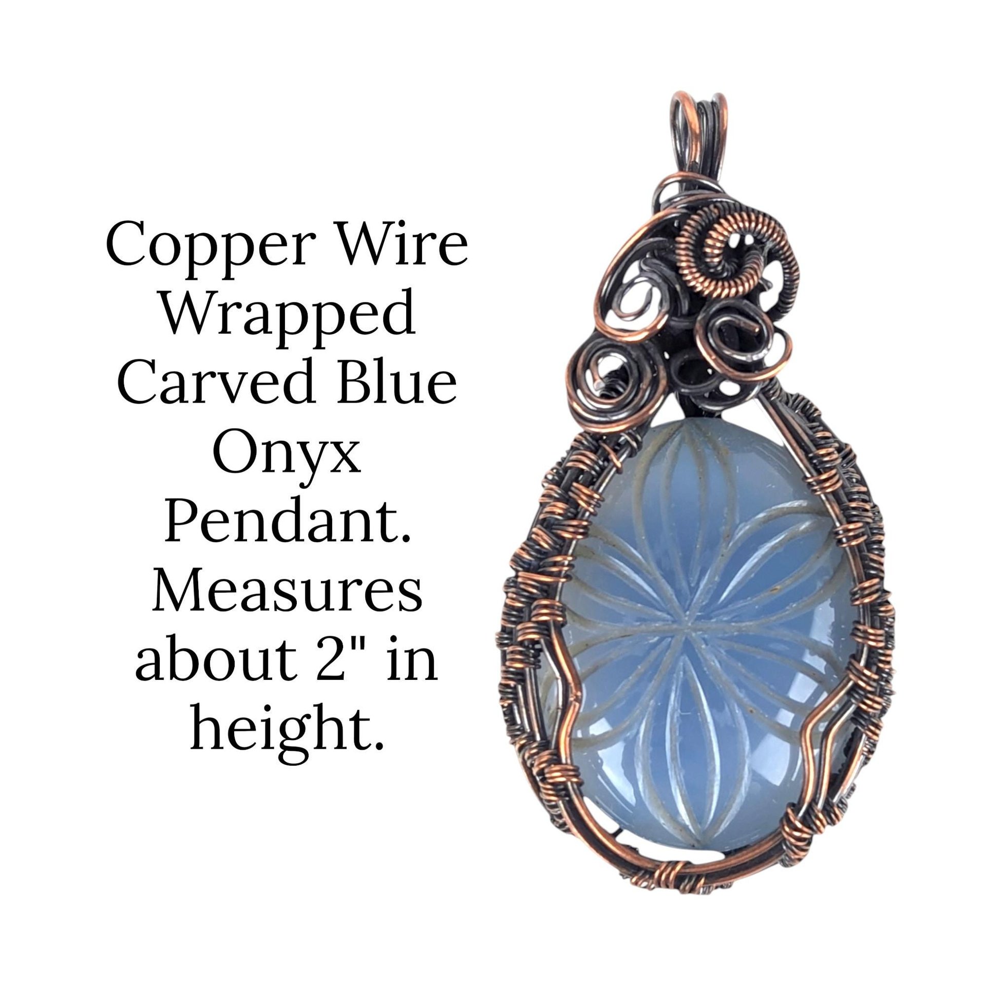 Handmade Carved Blue Onyx Floral Copper Pendant