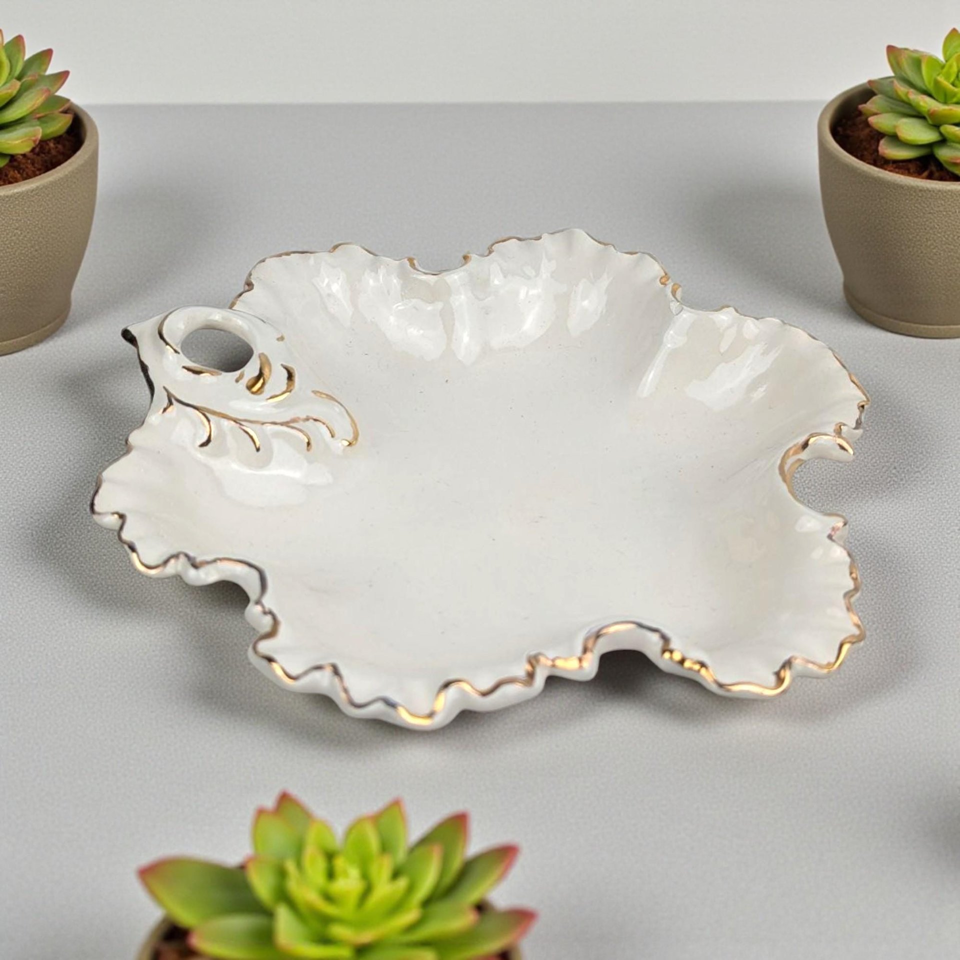 1987 Leaf-Shaped Cream Ceramic Trinket Dish