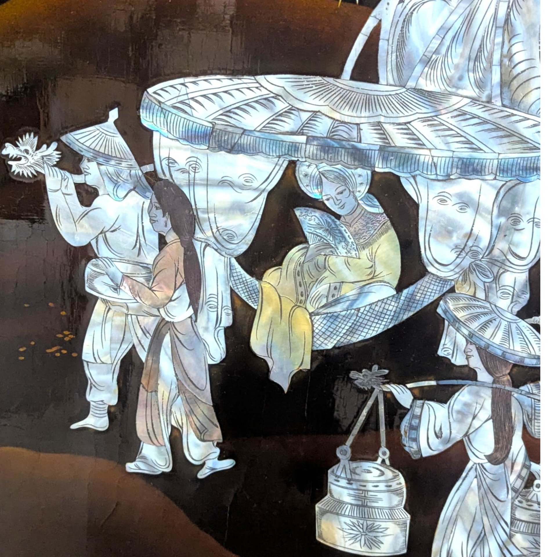 Vintage Vietnamese Lacquer Wall Panel: Mother of Pearl Inlay