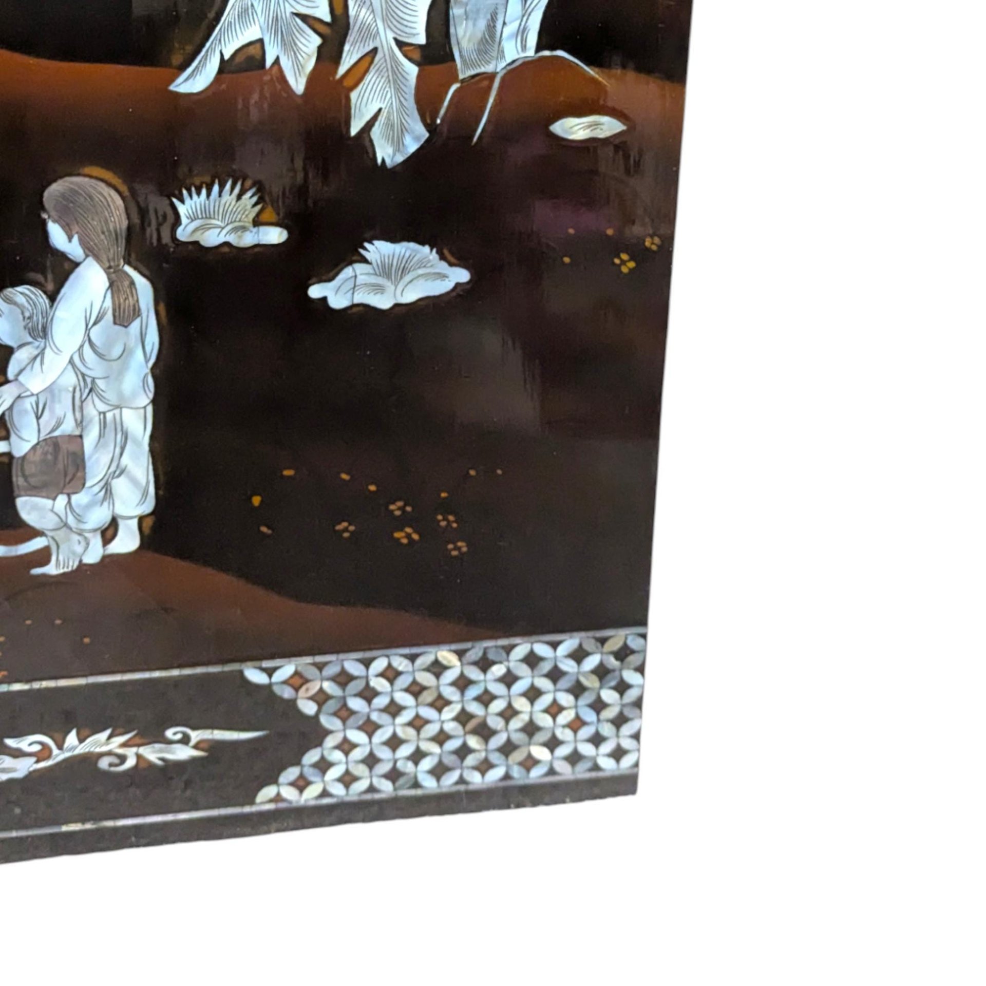 Vintage Vietnamese Lacquer Wall Panel: Torii Gate & Mother of Pearl Inlay