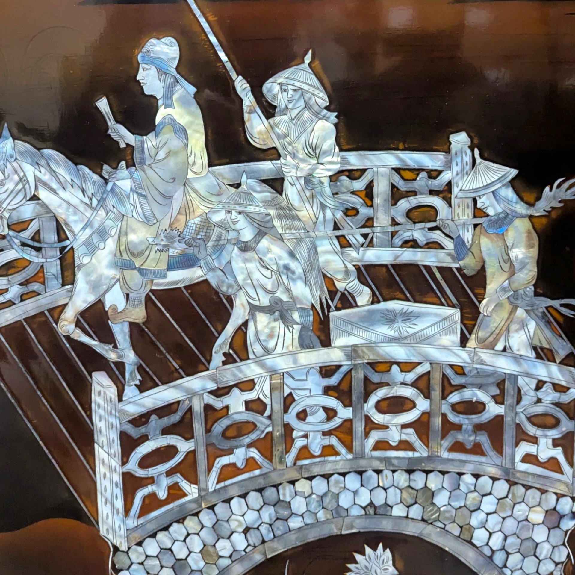 Vintage Vietnamese Lacquer Wall Panel: Horse & Bridge Mother of Pearl Inlay