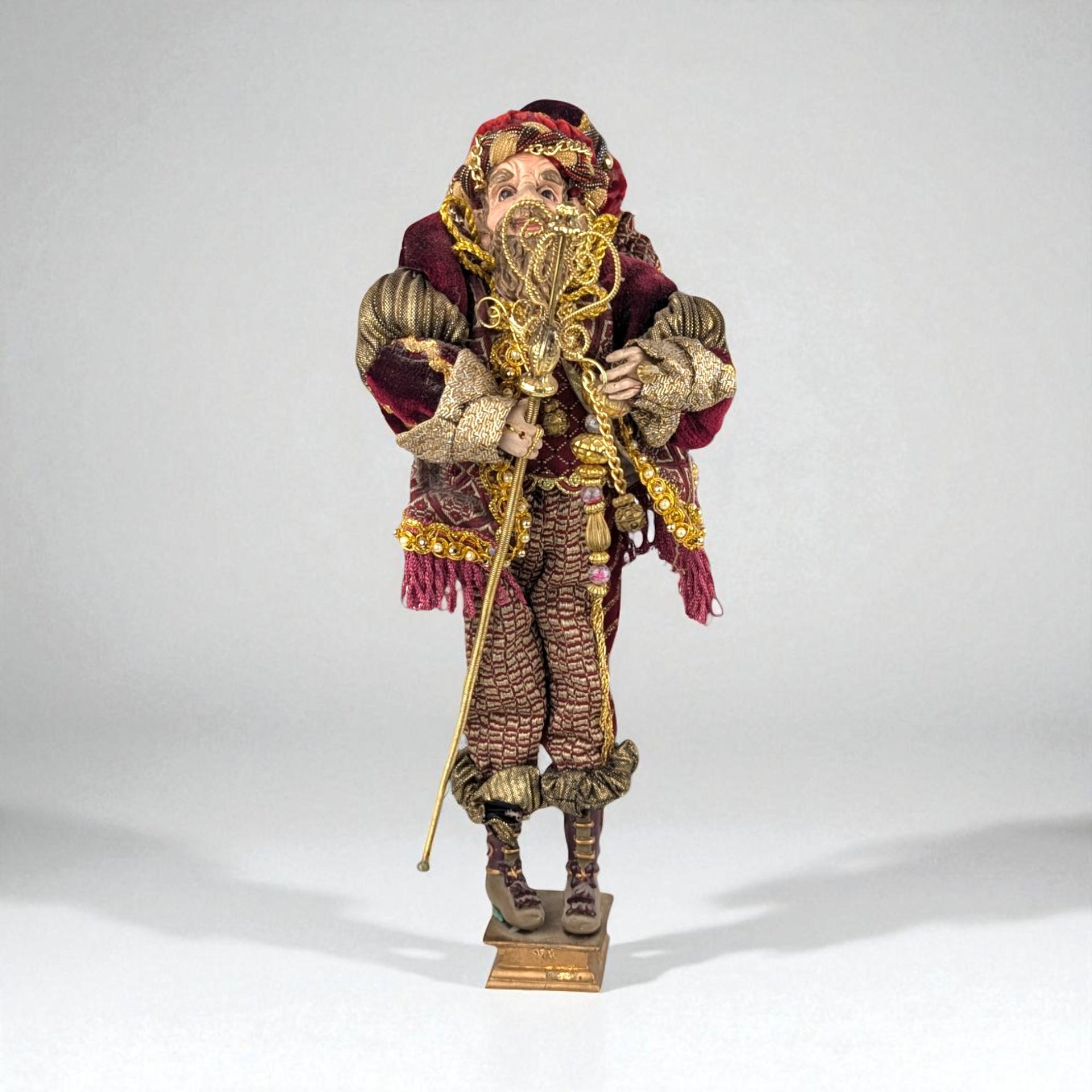 Vintage Santa Elf Jester Figure: Maroon & Gold
