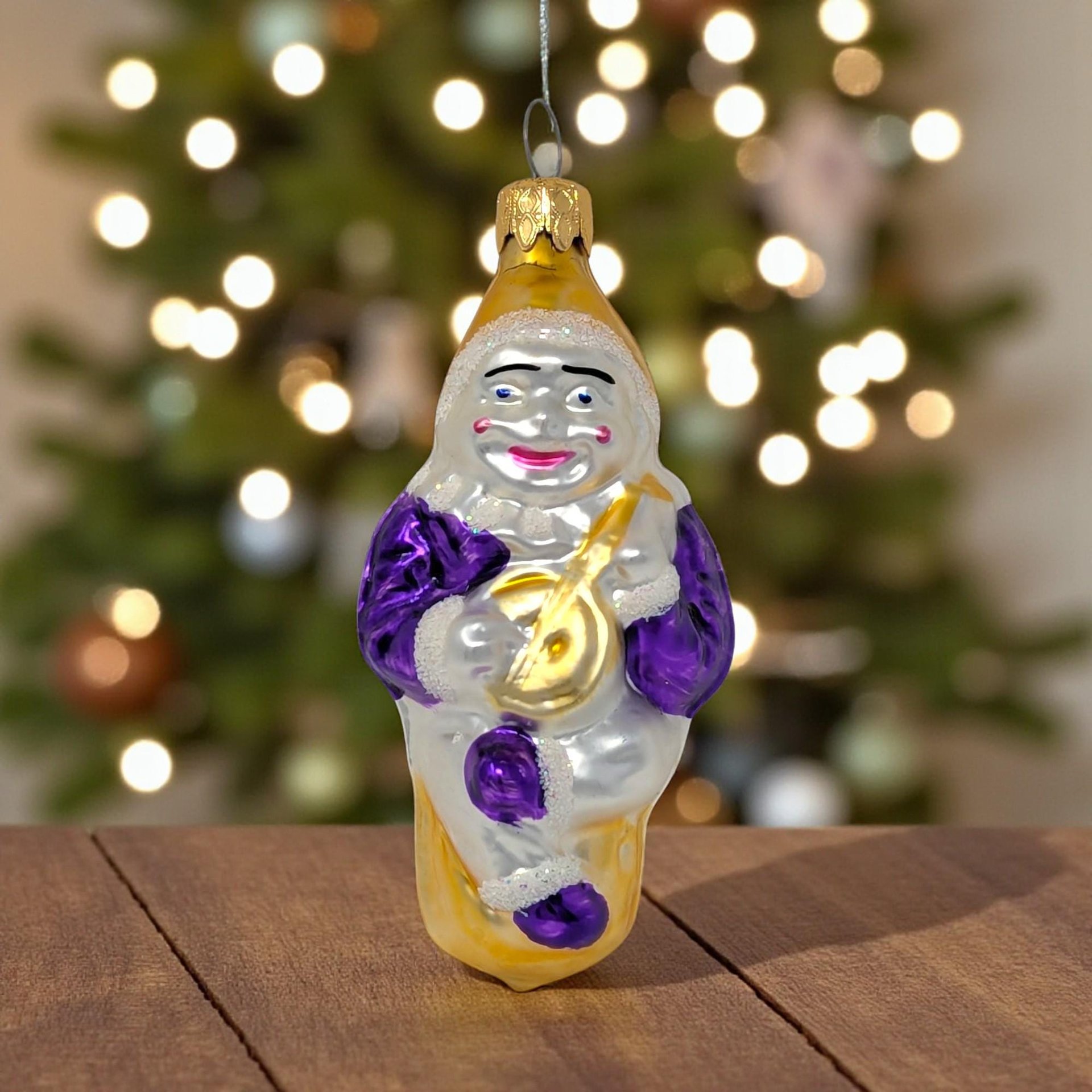 Vintage Blown Glass Clown with Gold Banjo Ornament