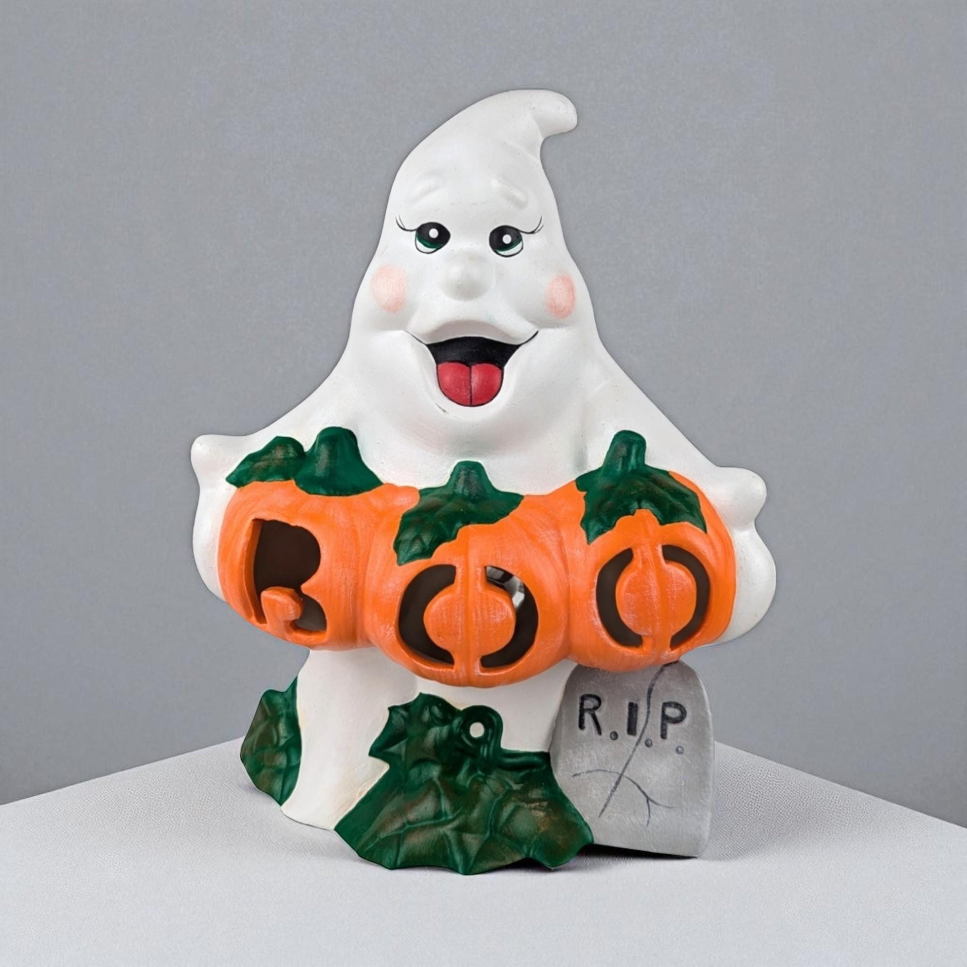 Vintage Ceramic Ghost Holding Boo Pumpkins Light