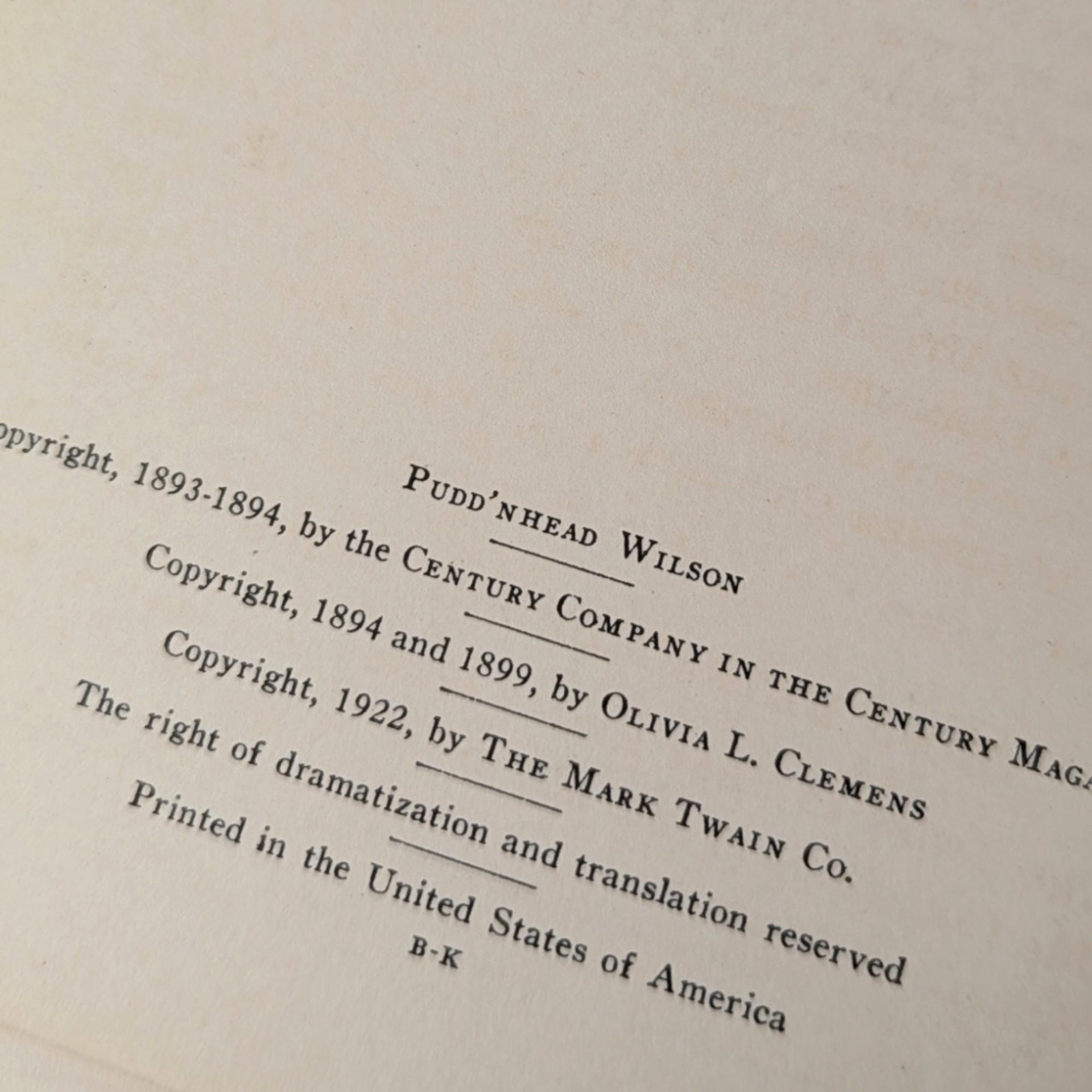 1922 Harper & Brothers Pudd'nhead Wilson Hardcover, Mark Twain