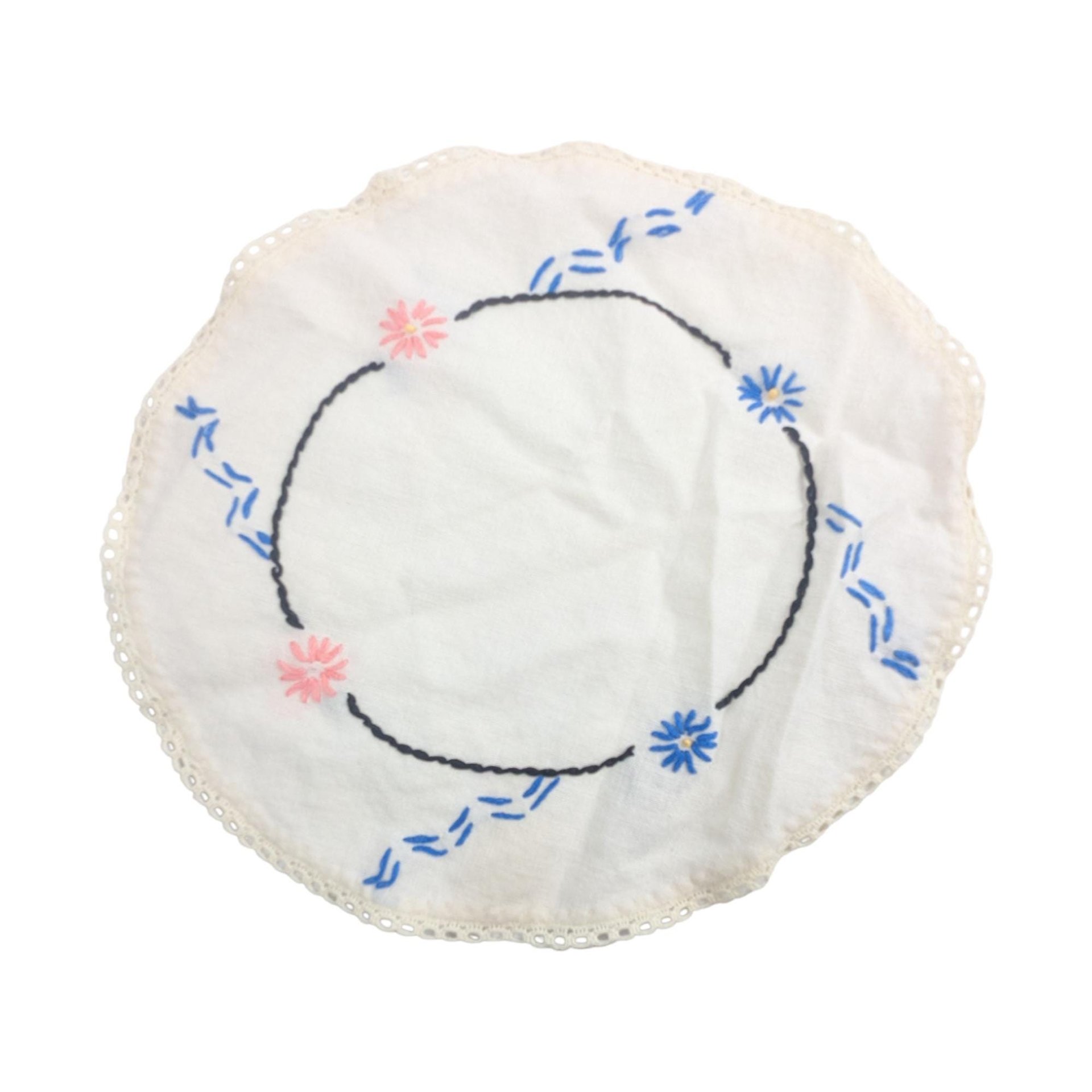 Vintage Hand Embroidered Floral Linen Doily Set