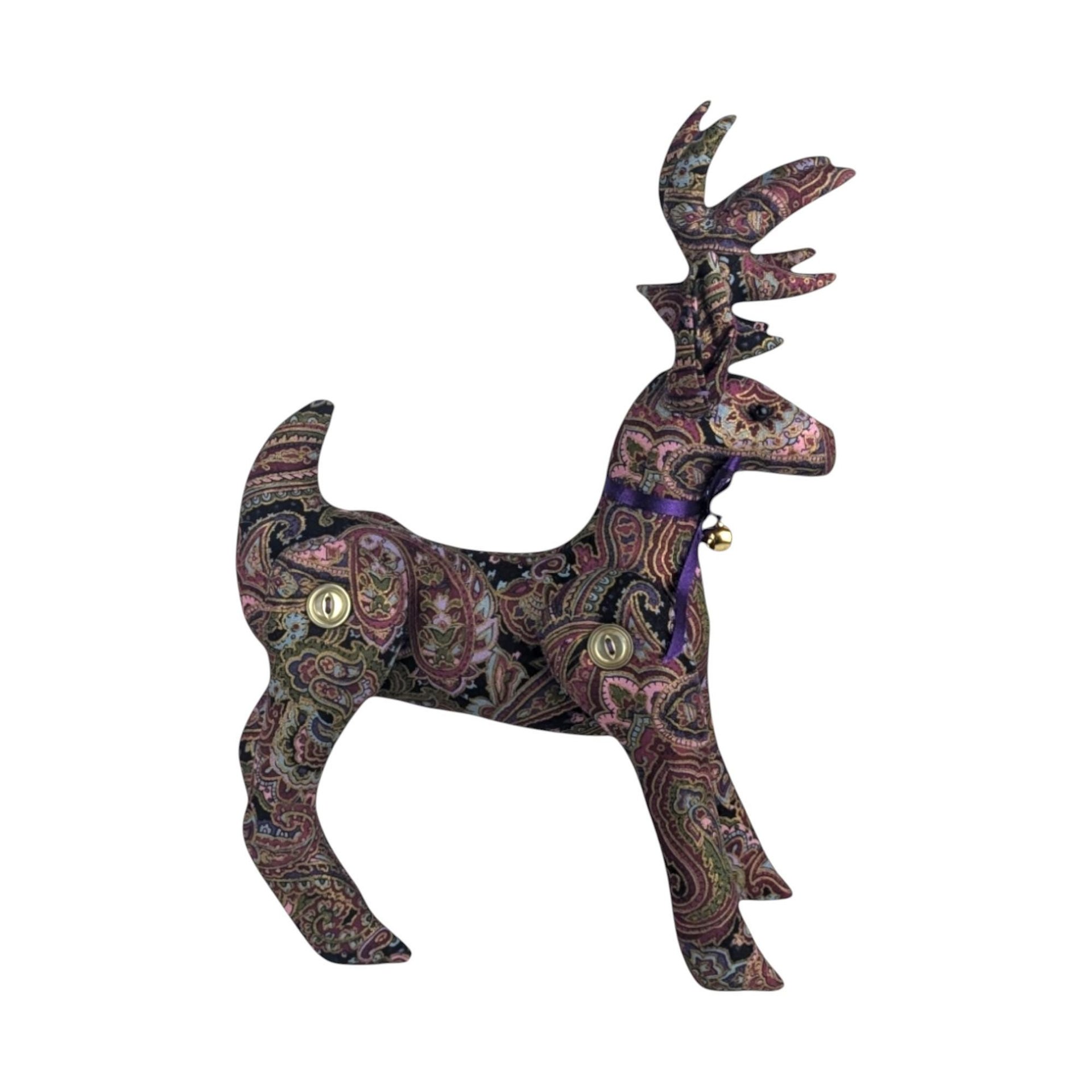 Vintage Paisley Plush Reindeer Figure – Boho Button Jointed Fabric Deer