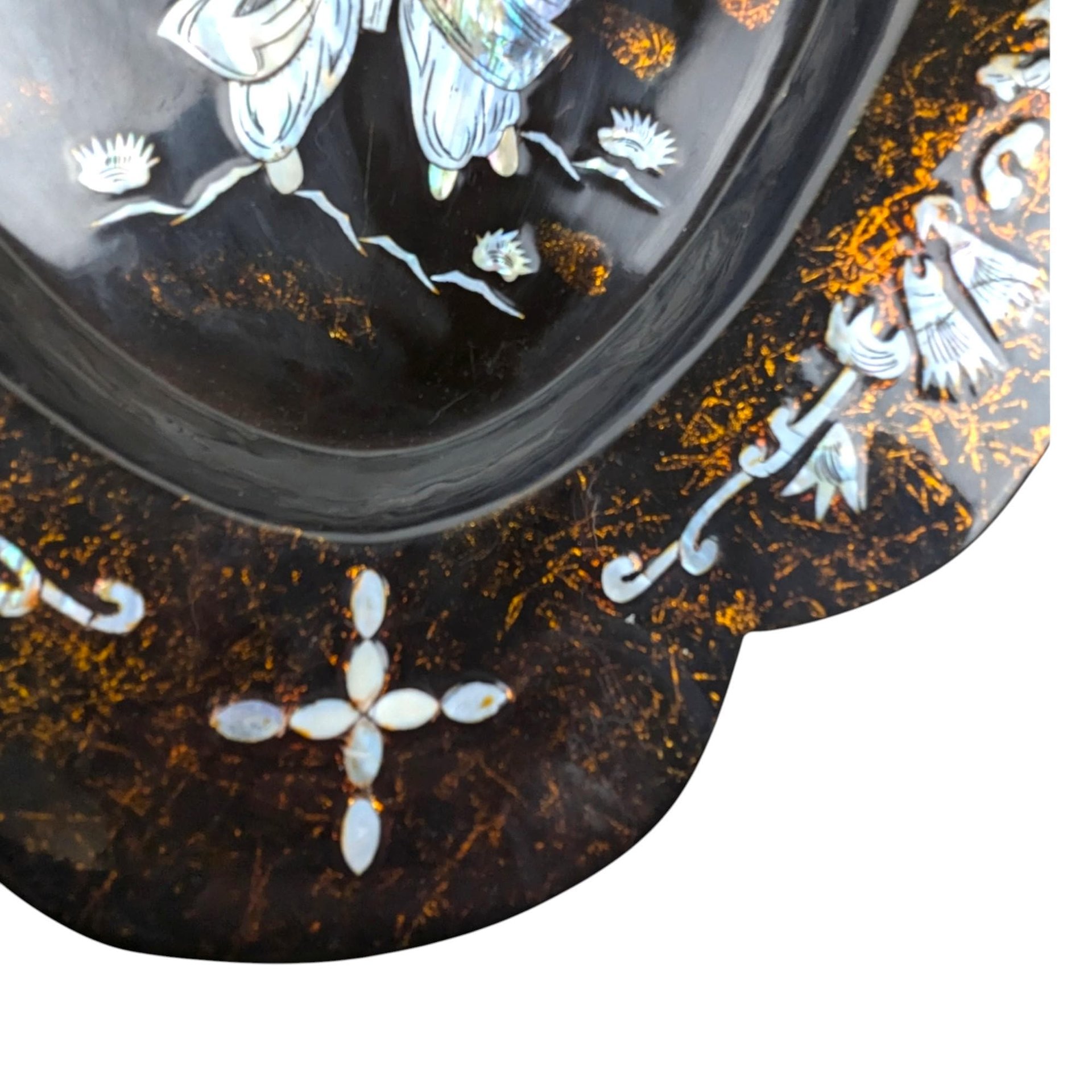 Vintage Asian Black Lacquer Mother of Pearl Inlaid Wall Plaque