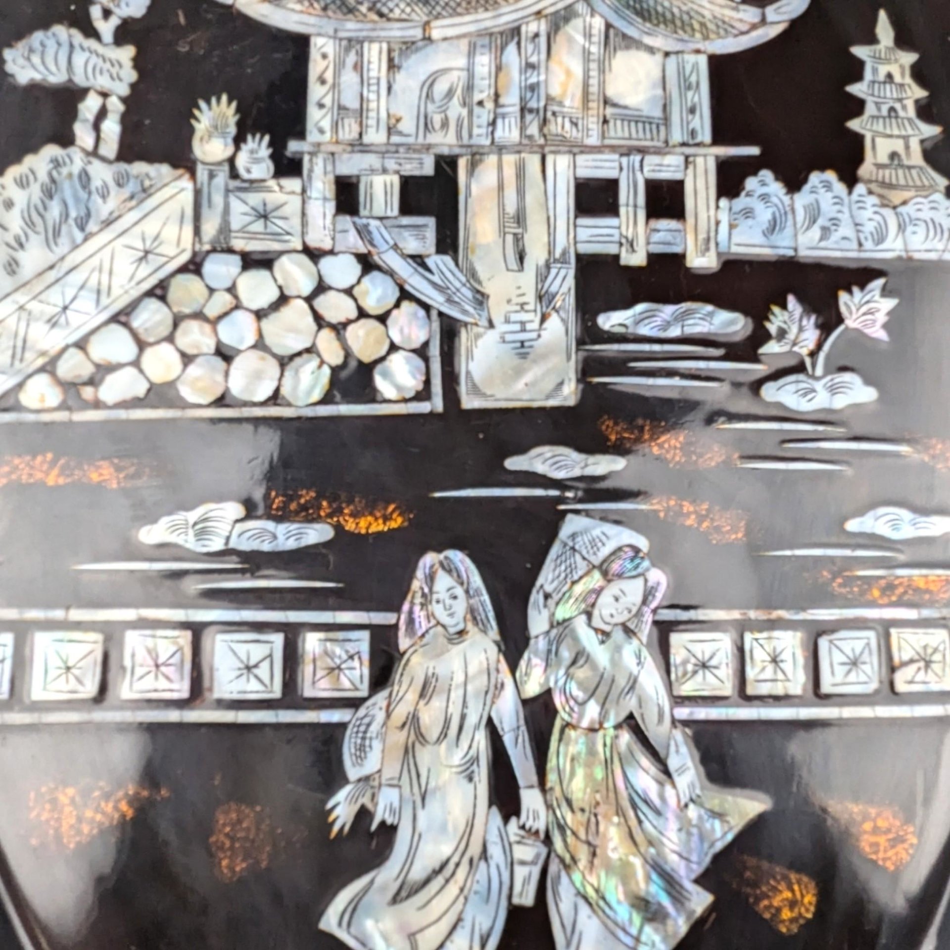 Vintage Asian Black Lacquer Mother of Pearl Inlaid Wall Plaque