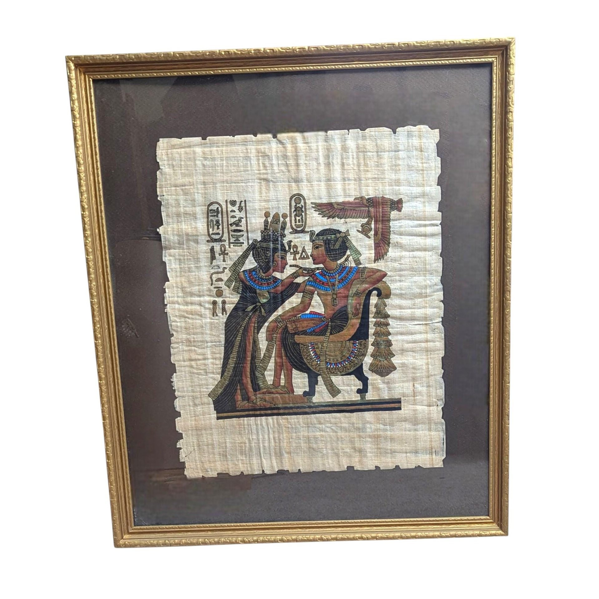 Vintage Egyptian Papyrus Painting: King Tut and Ankhesenamun