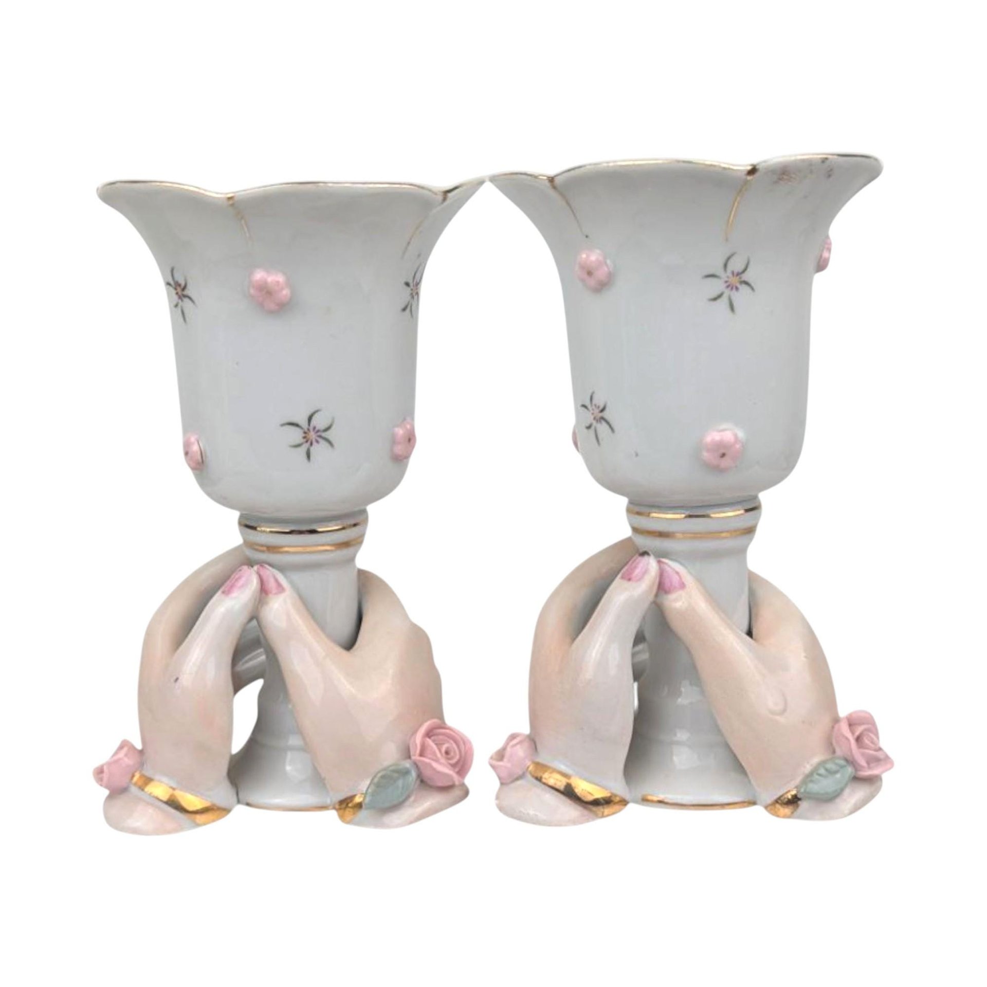 Vintage Ceramic Hands Holding Candle Holder Pair