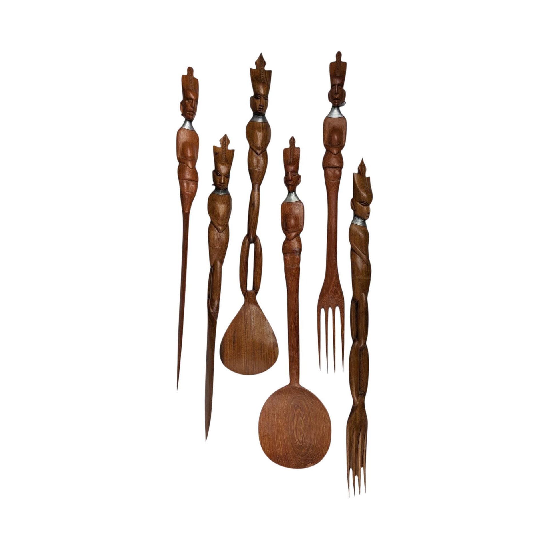 Vintage Hand Carved African Tribal Wooden Utensil Set