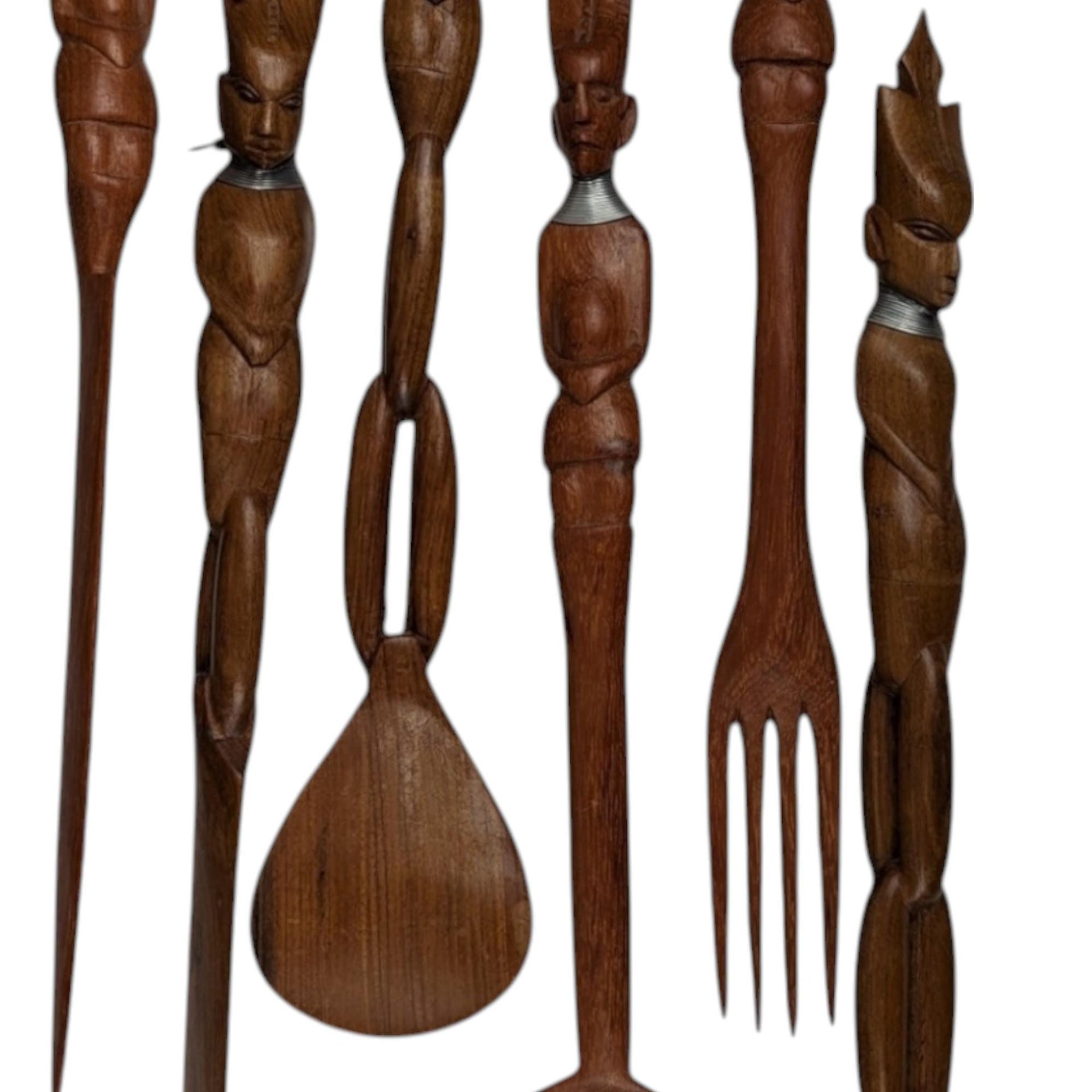 Vintage Hand Carved African Tribal Wooden Utensil Set