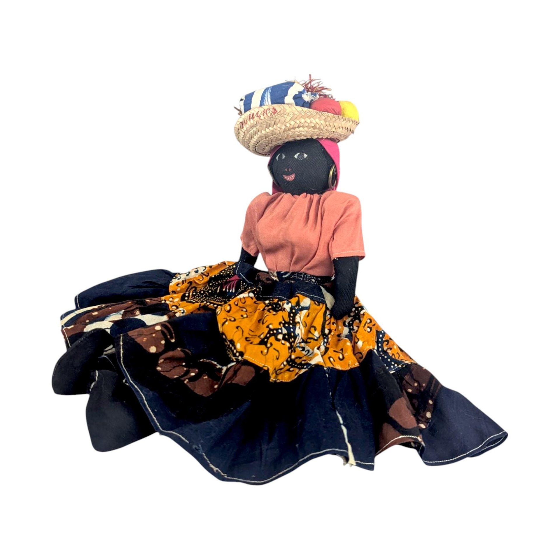 Vintage 17" Jamaican Cloth Doll with Fruit Basket Hat