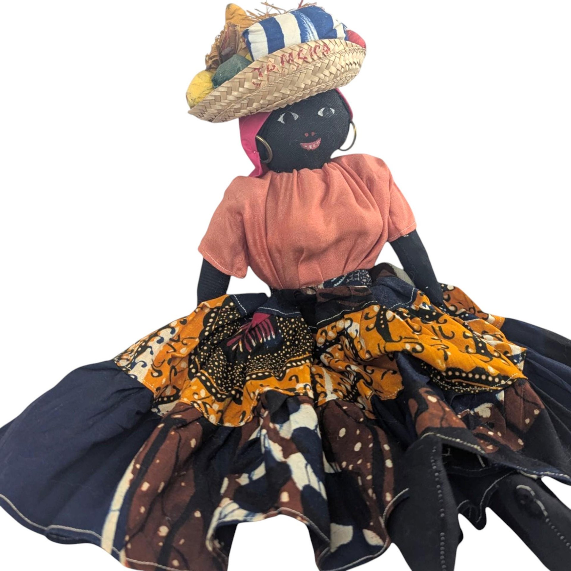 Vintage 17" Jamaican Cloth Doll with Fruit Basket Hat