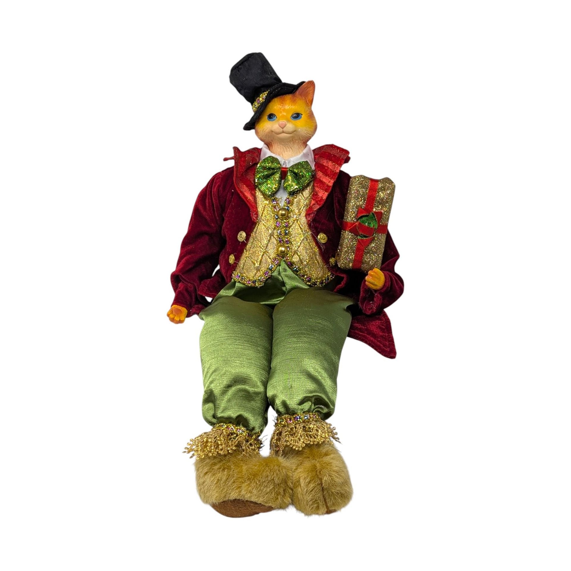 Vintage Anthropomorphic Cat Shelf Sitter - Dapper Holiday Feline
