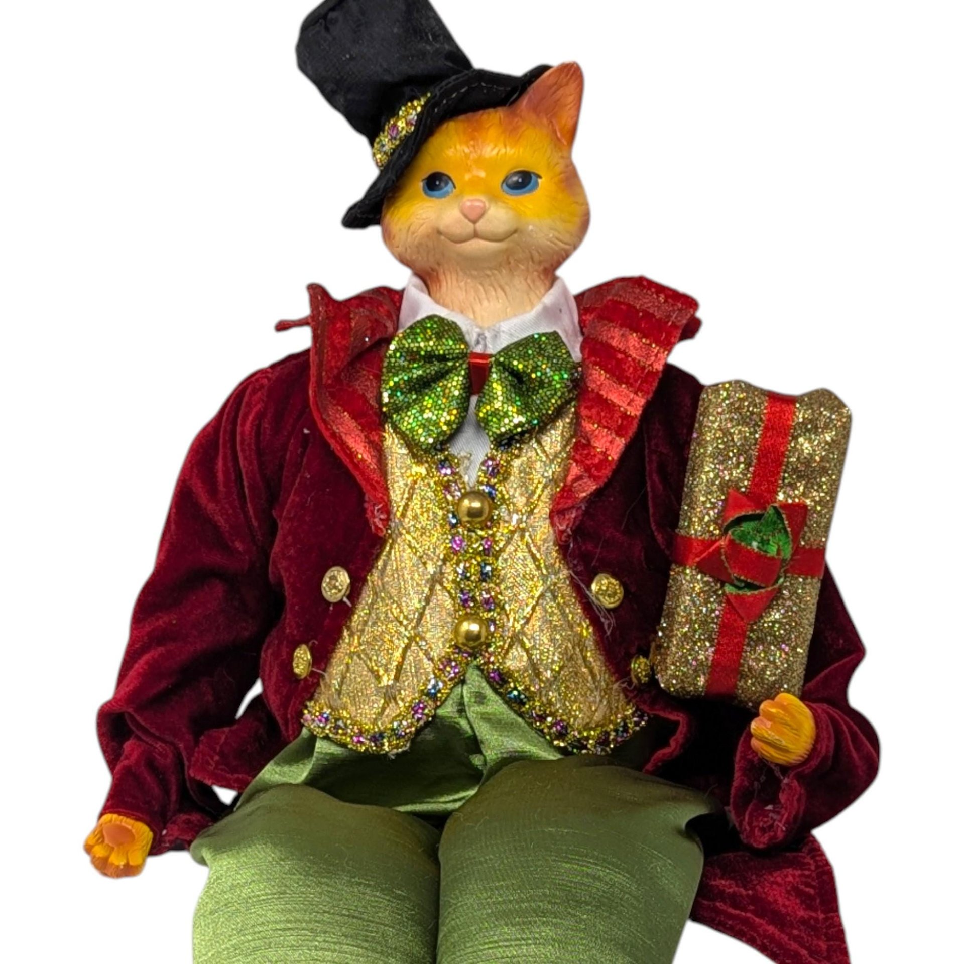 Vintage Anthropomorphic Cat Shelf Sitter - Dapper Holiday Feline