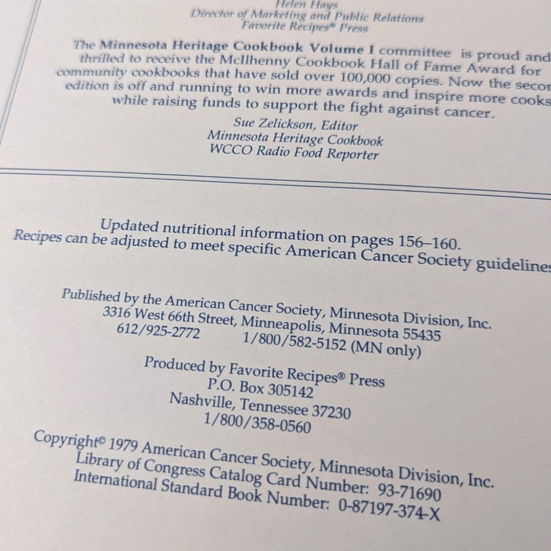 1979 'Minnesota Heritage Cookbook' Hardcover