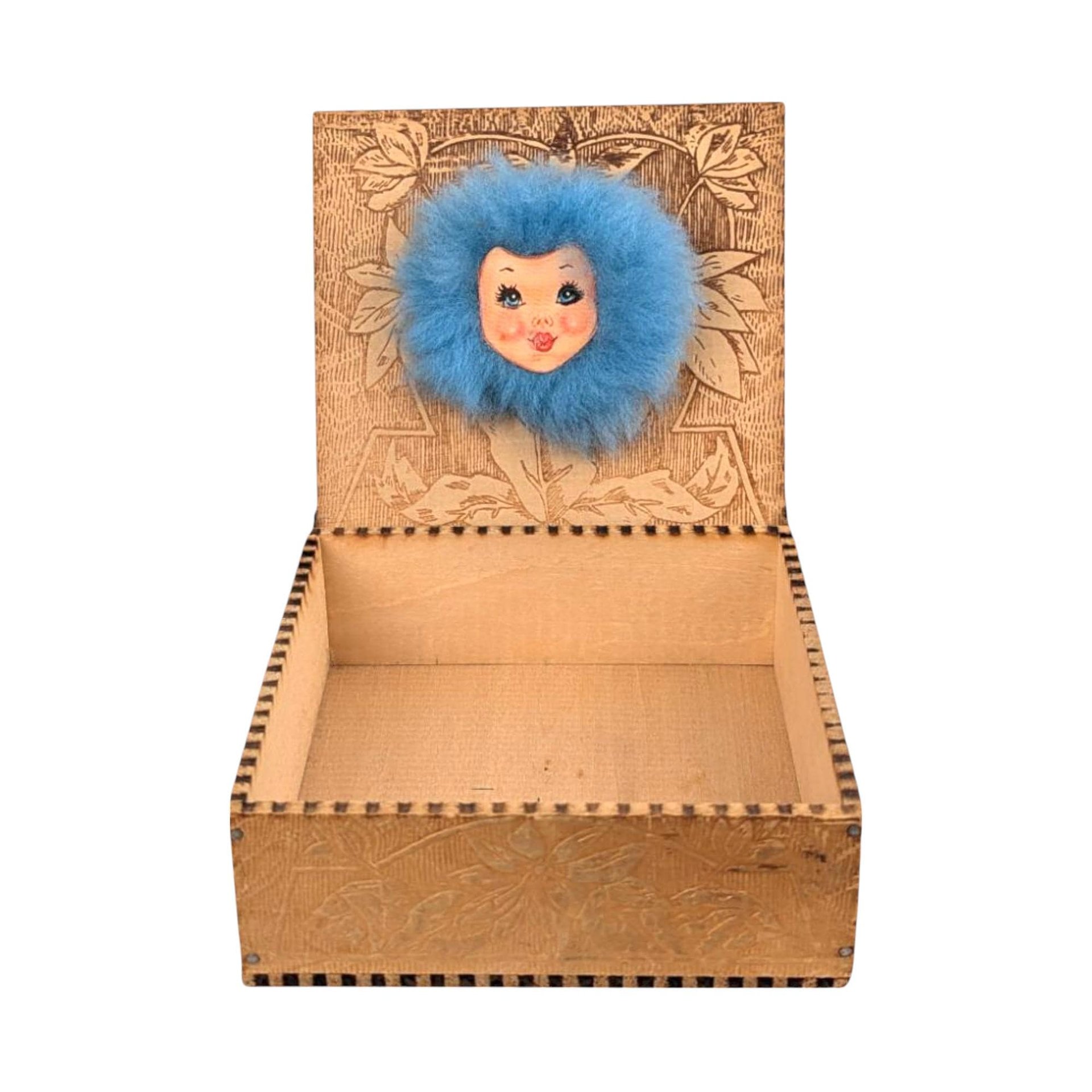 Vintage Pyrography Wood Box with Furry Face