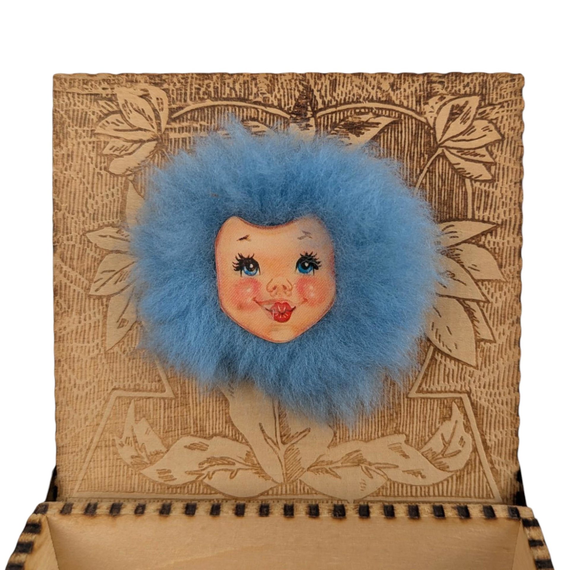 Vintage Pyrography Wood Box with Furry Face