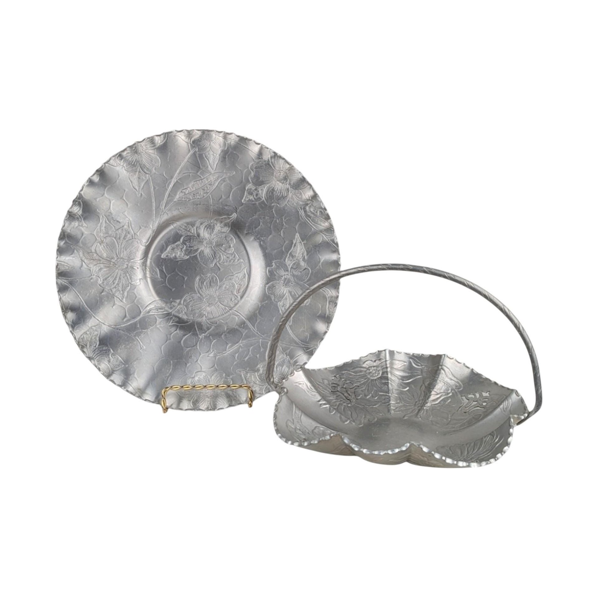Vintage Hammered Aluminum Floral Basket and Plate