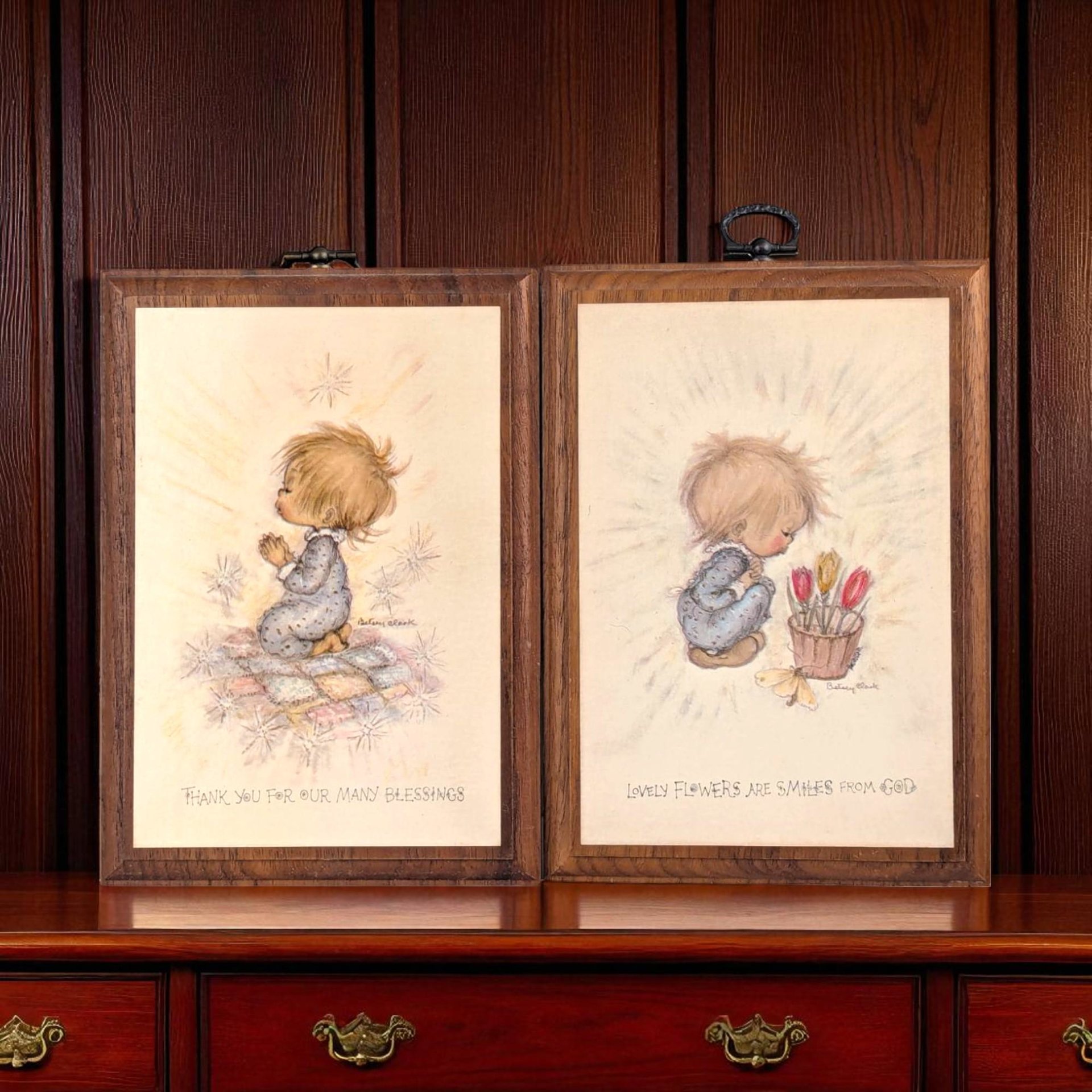 Vintage Betsey Clark Wooden Wall Plaque Pair