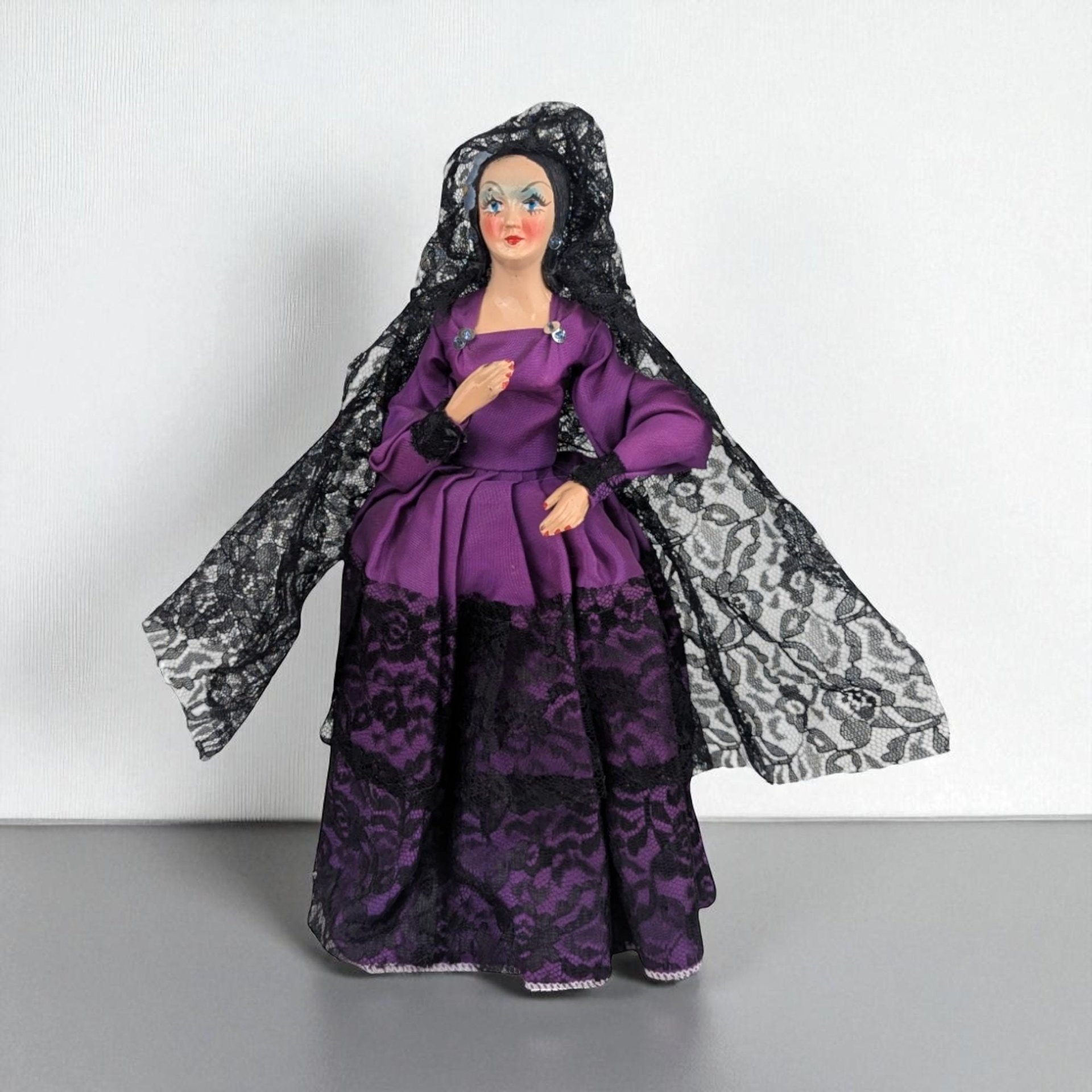 1960s Spanish Souvenir Doll Purple Lace Dress