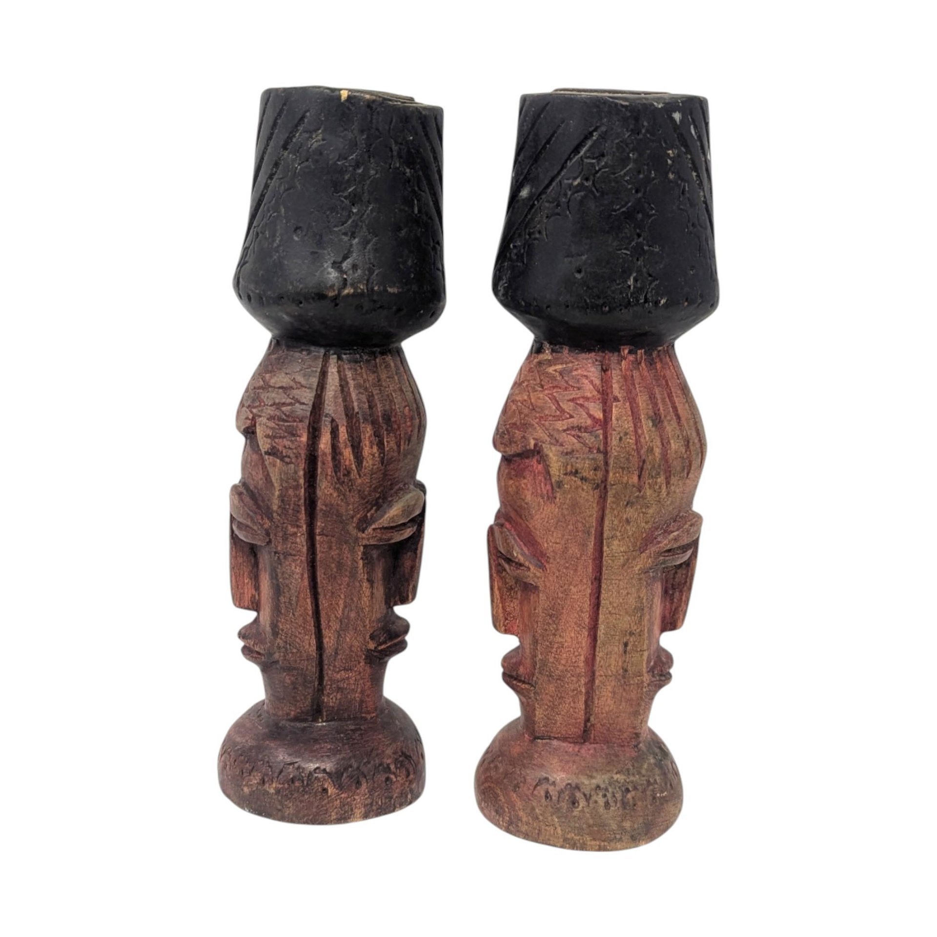 Vintage Hand Carved Tribal Figure Candle Holder Pair
